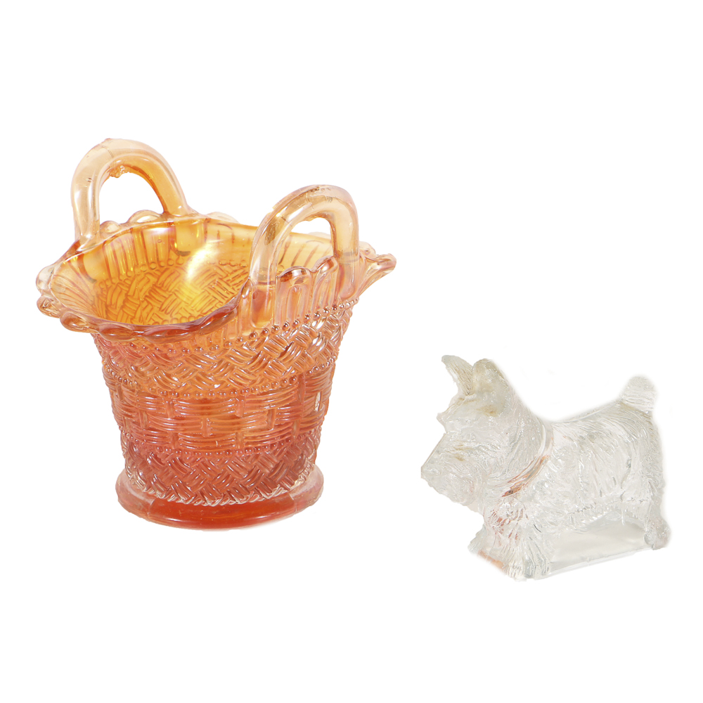 Pressed Glassed Scottie Dog Candy Container and Carnival Glass Basket