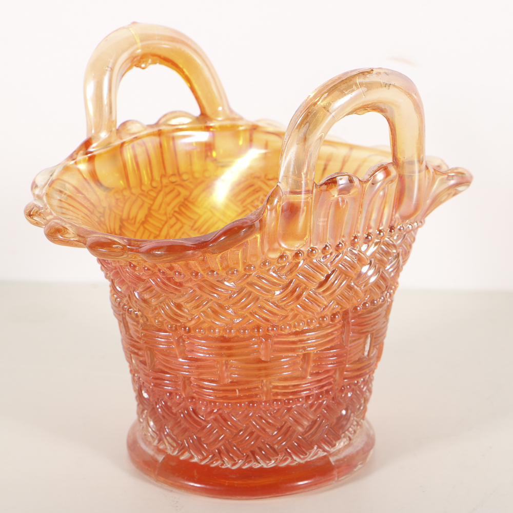 Pressed Glassed Scottie Dog Candy Container and Carnival Glass Basket
