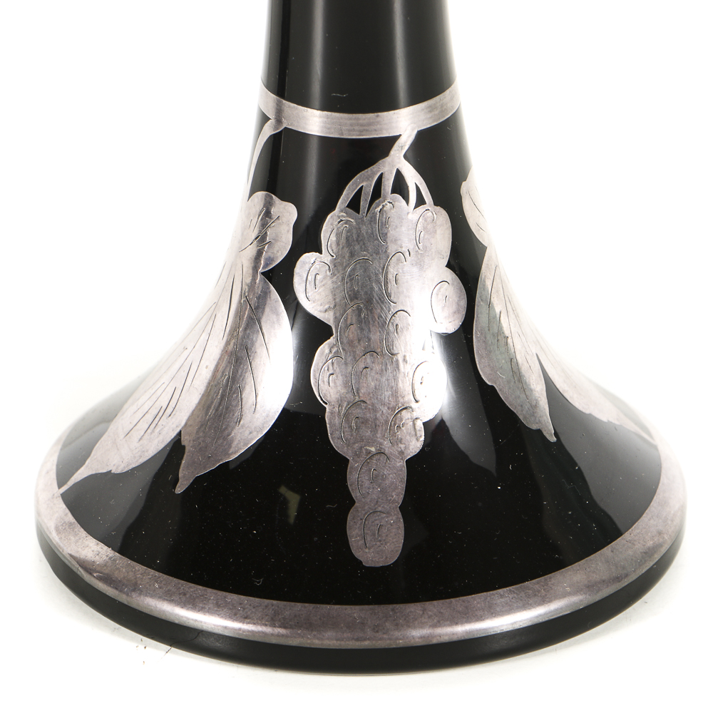 Amethyst Glass Candlesticks and Console Bowl with Sterling Silver Overlay