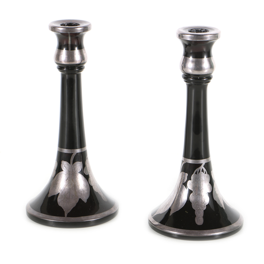 Amethyst Glass Candlesticks and Console Bowl with Sterling Silver Overlay