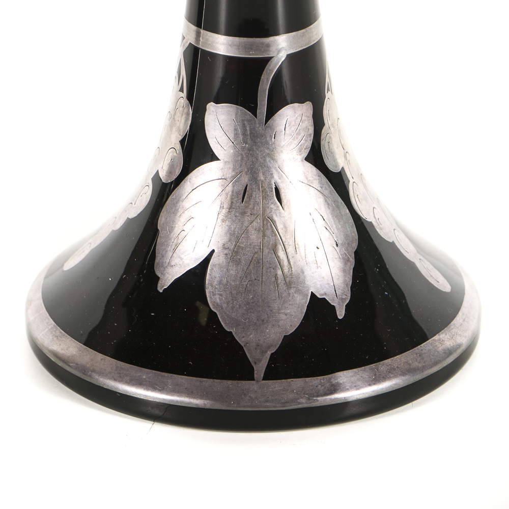 Amethyst Glass Candlesticks and Console Bowl with Sterling Silver Overlay