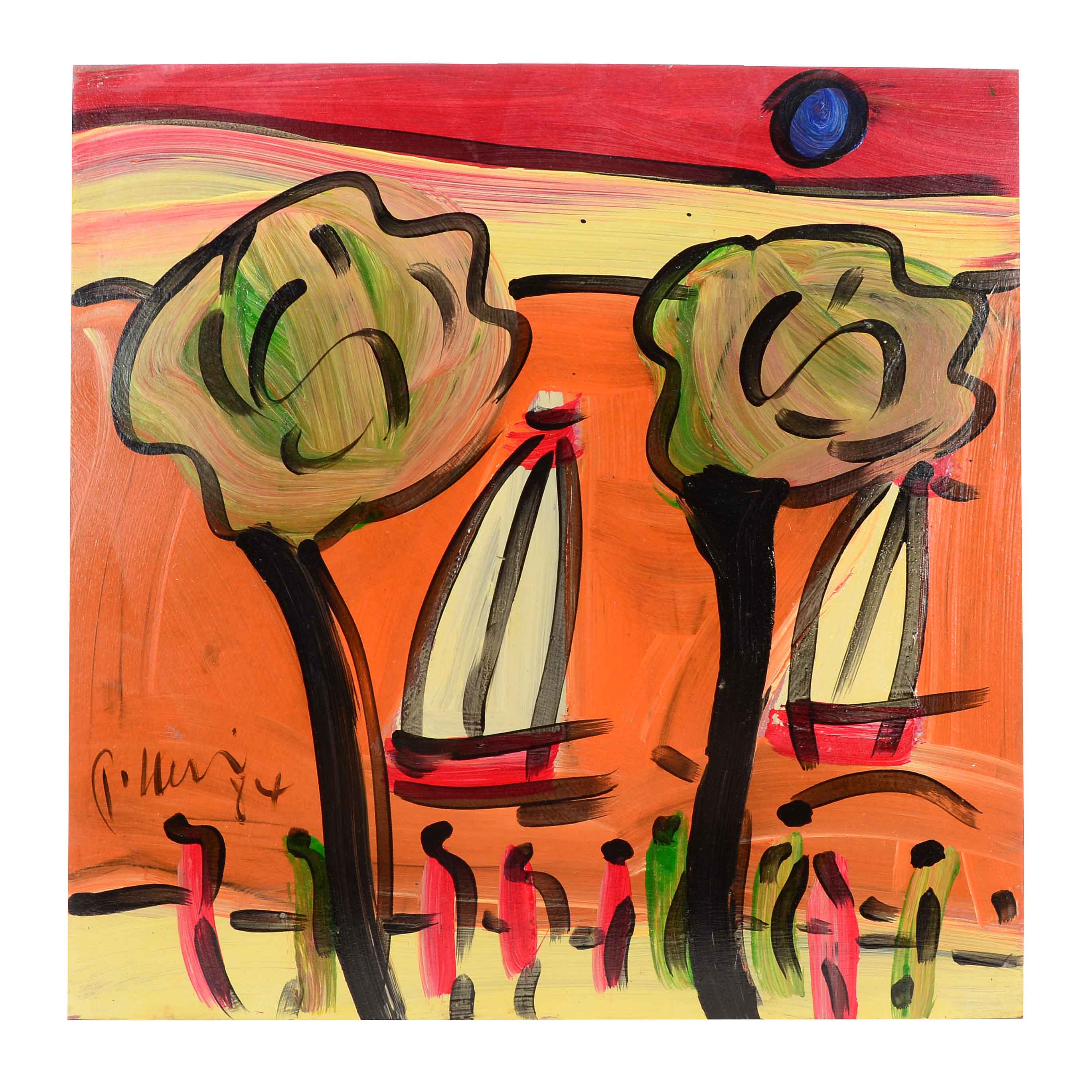 Peter Keil Original 1984 Neo-Expressionist Oil on Board "Orange Sea"