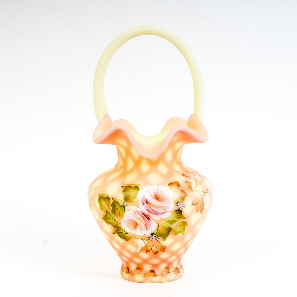 Fenton Handpainted Glass Basket Vase