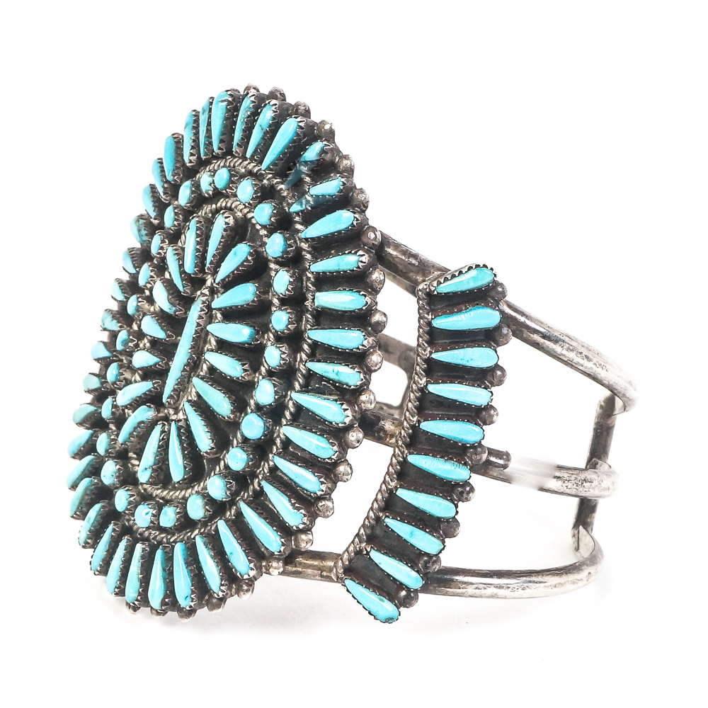 J. Wallace Zuni Sterling Silver and Needlepoint Turquoise Cuff Bracelet