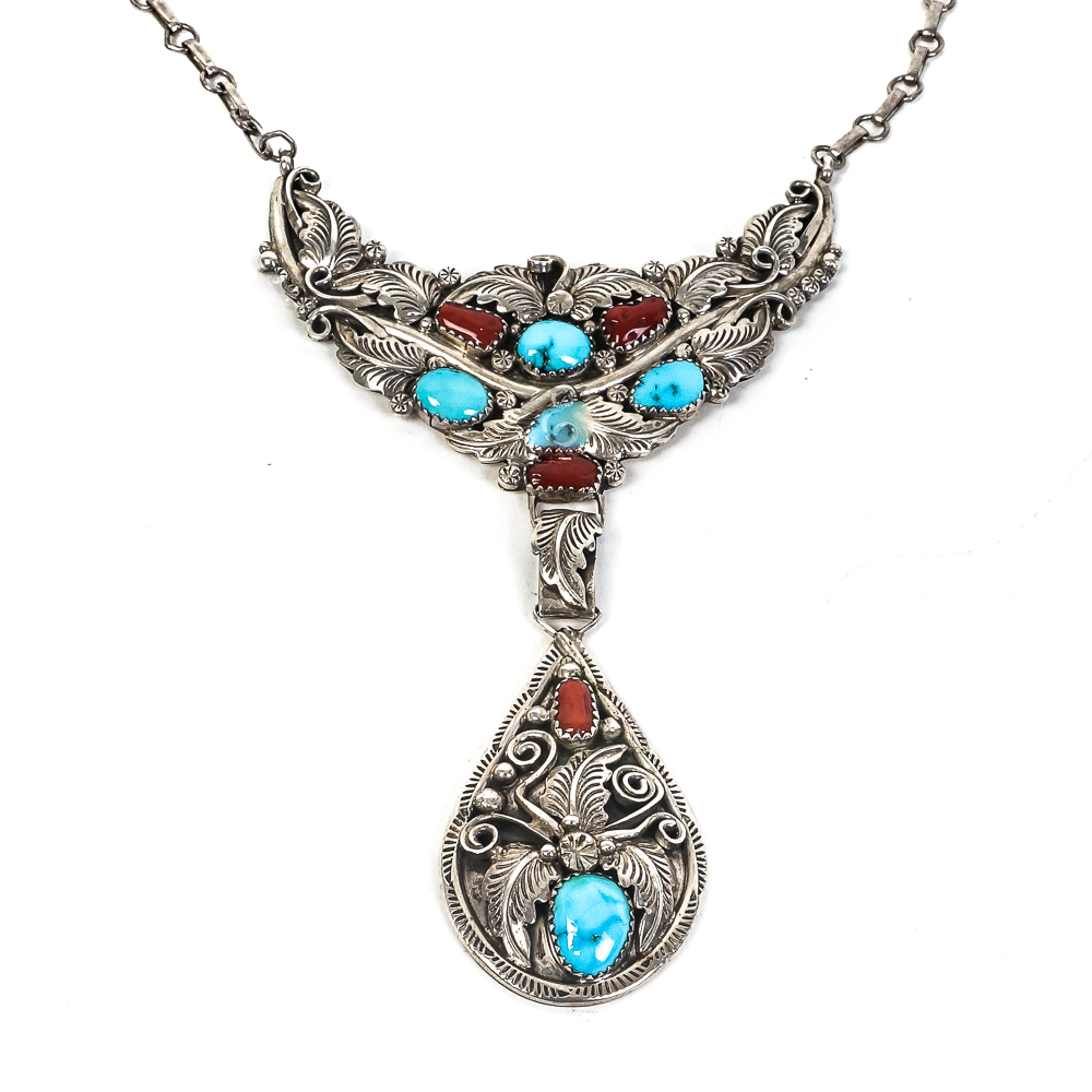 Richard Wylie Navajo Sterling Silver, Turquoise, and Coral Lavalier Necklace