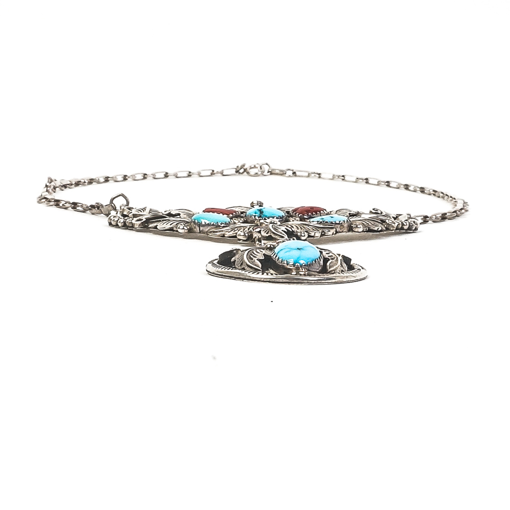 Richard Wylie Navajo Sterling Silver, Turquoise, and Coral Lavalier Necklace