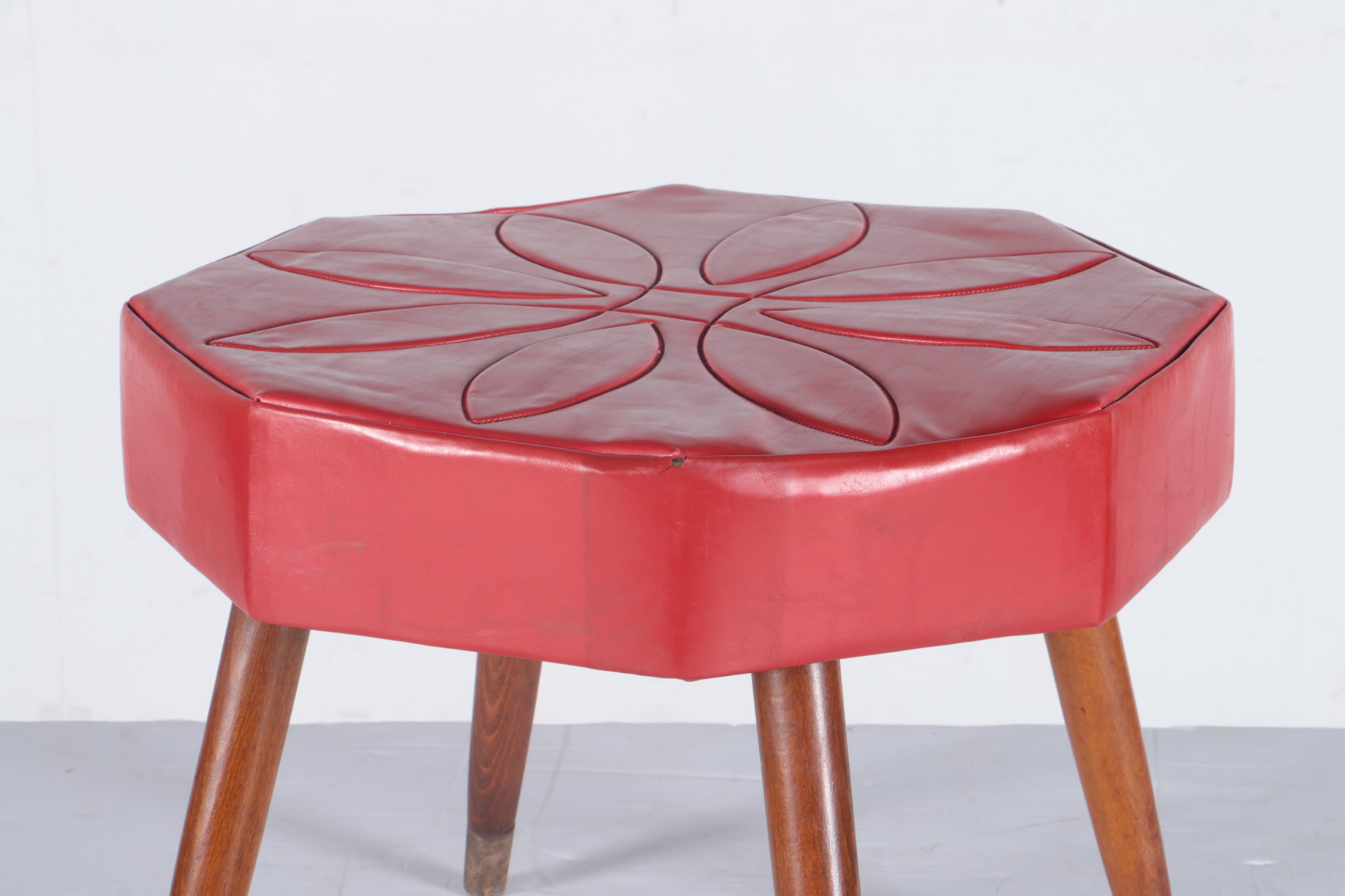 Mid Century Modern Red Leather Footstool