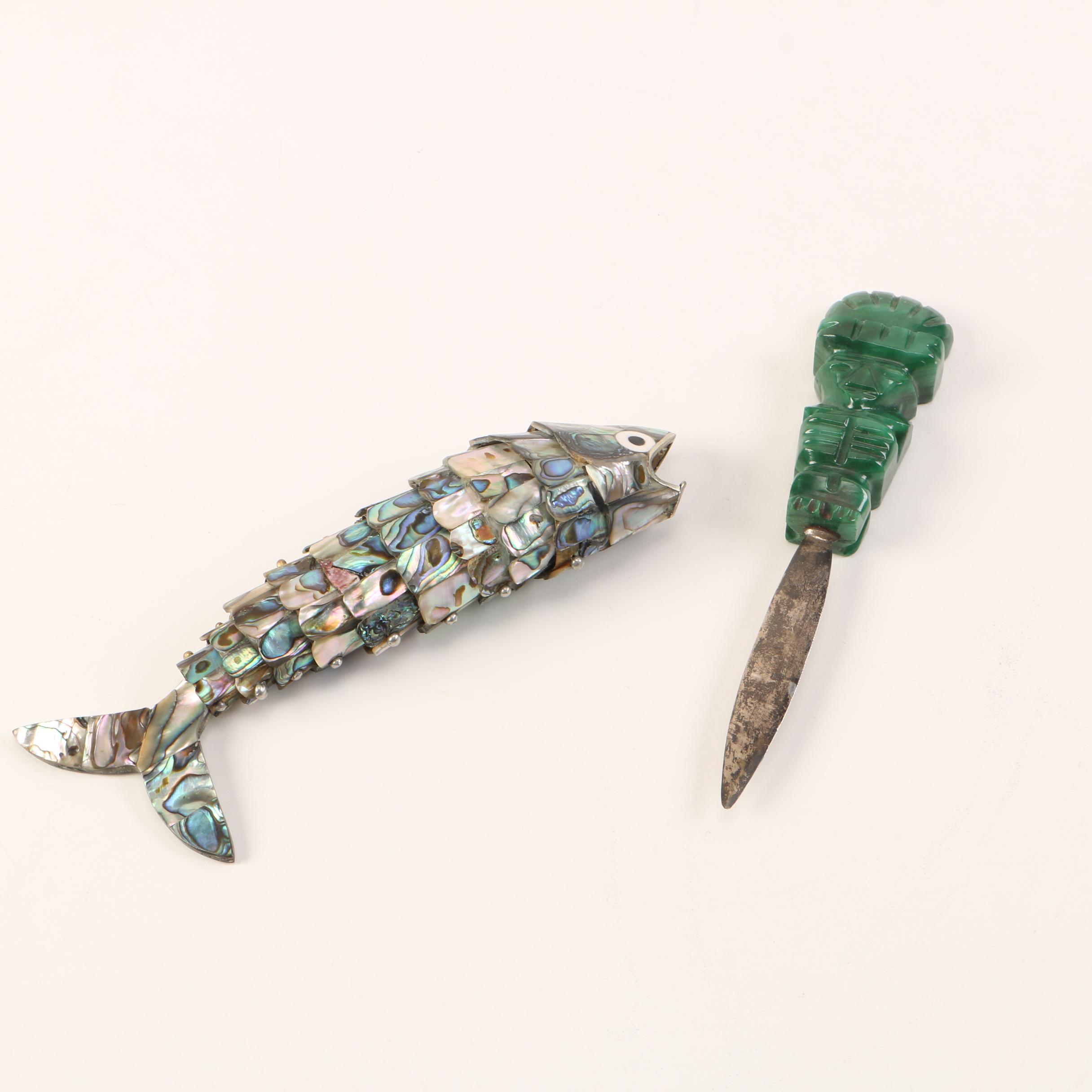 Sterling Silver and Agate Letter Opener and Abalone Bottle Opener