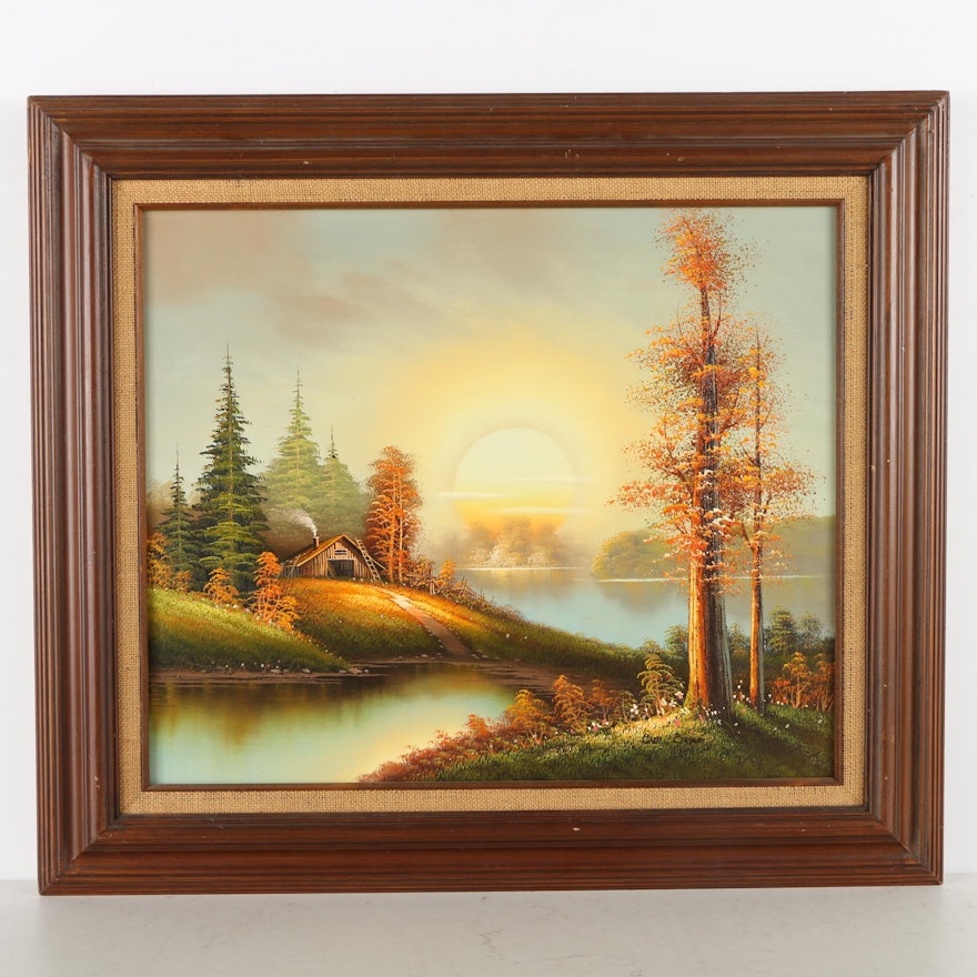 Bill Boswell Oil Painting of a Cabin at Sunrise