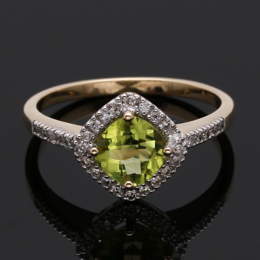 14K Yellow Gold Peridot and 0.10 CTW Diamond Halo Ring