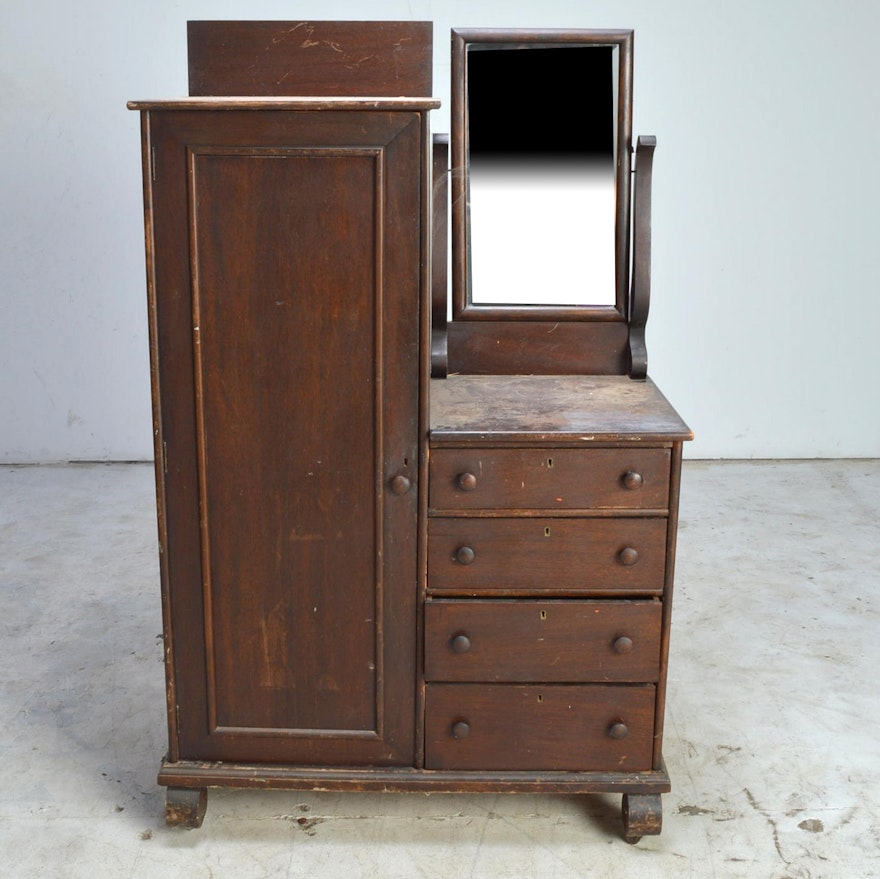 Dark Stained Oak Dresser Armoire with Mirror