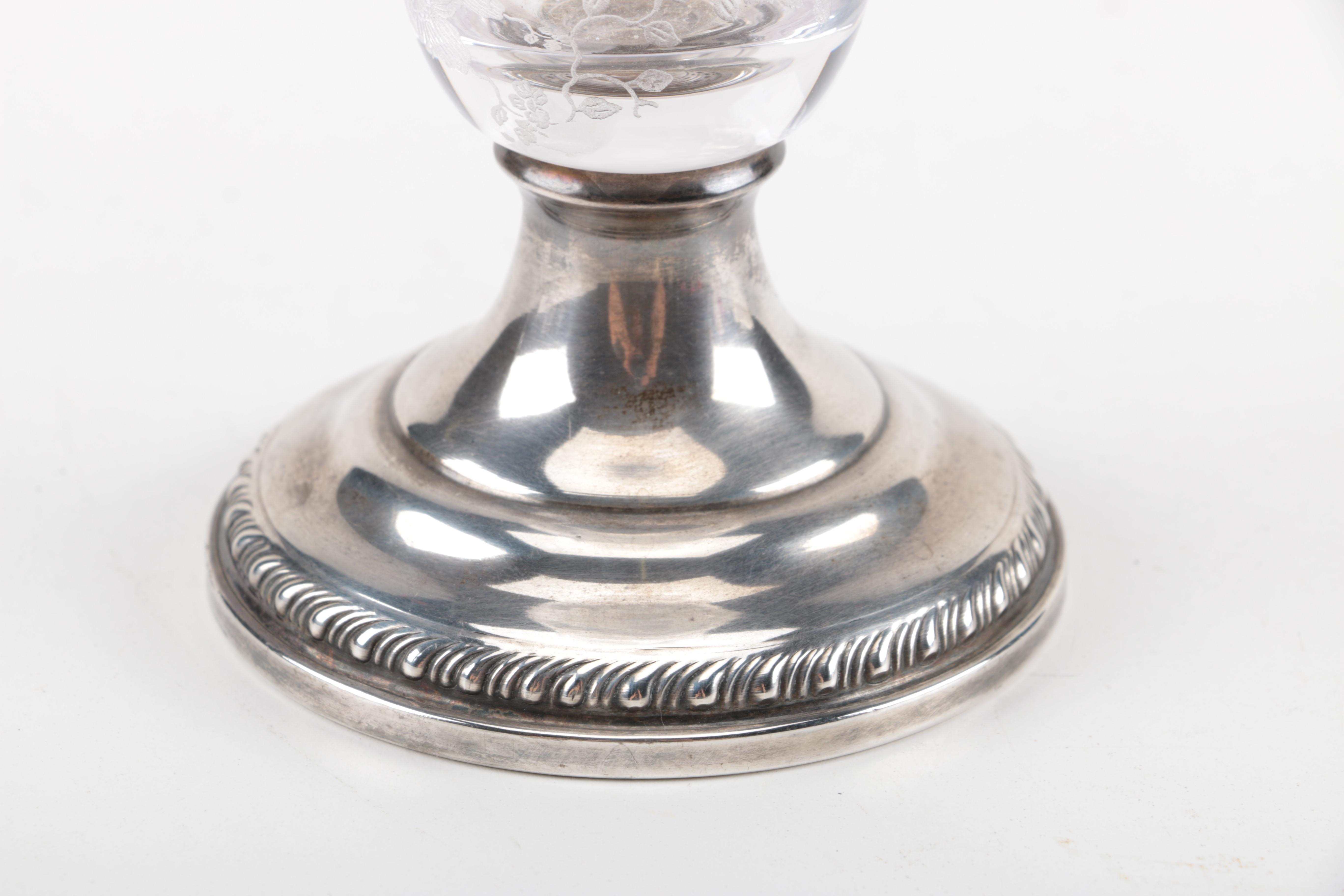 Etched Elegant Depression Glass Vase with Weighted Sterling Base