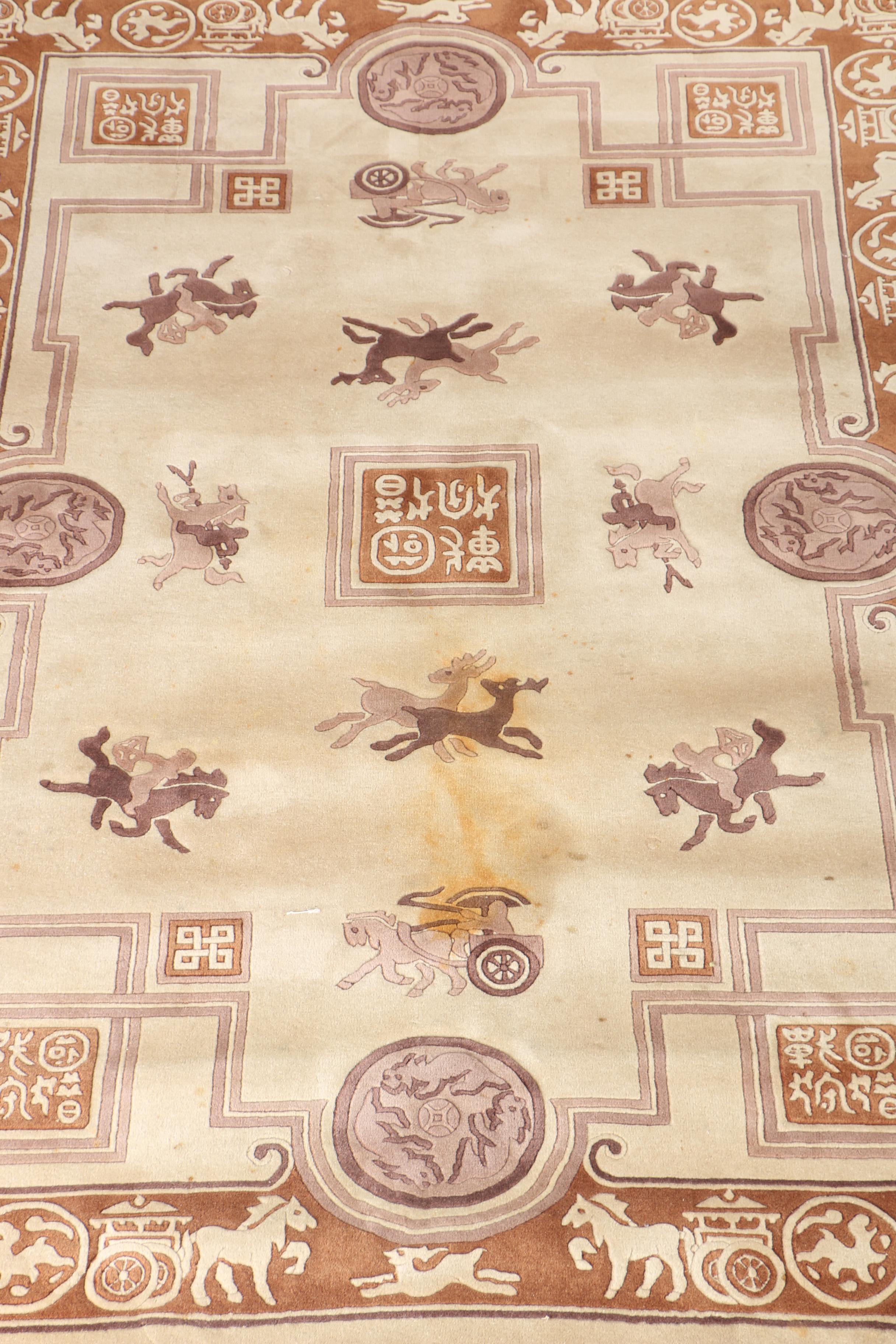 Hand-Knotted Carved Chinese Stylized Hunting Area Rug