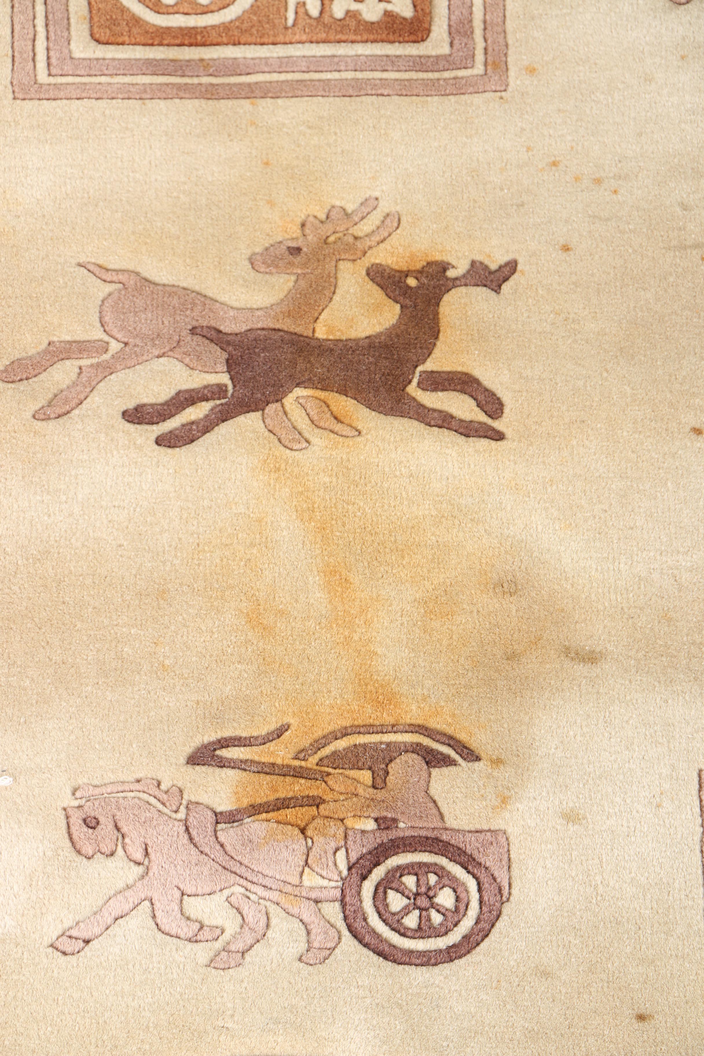 Hand-Knotted Carved Chinese Stylized Hunting Area Rug