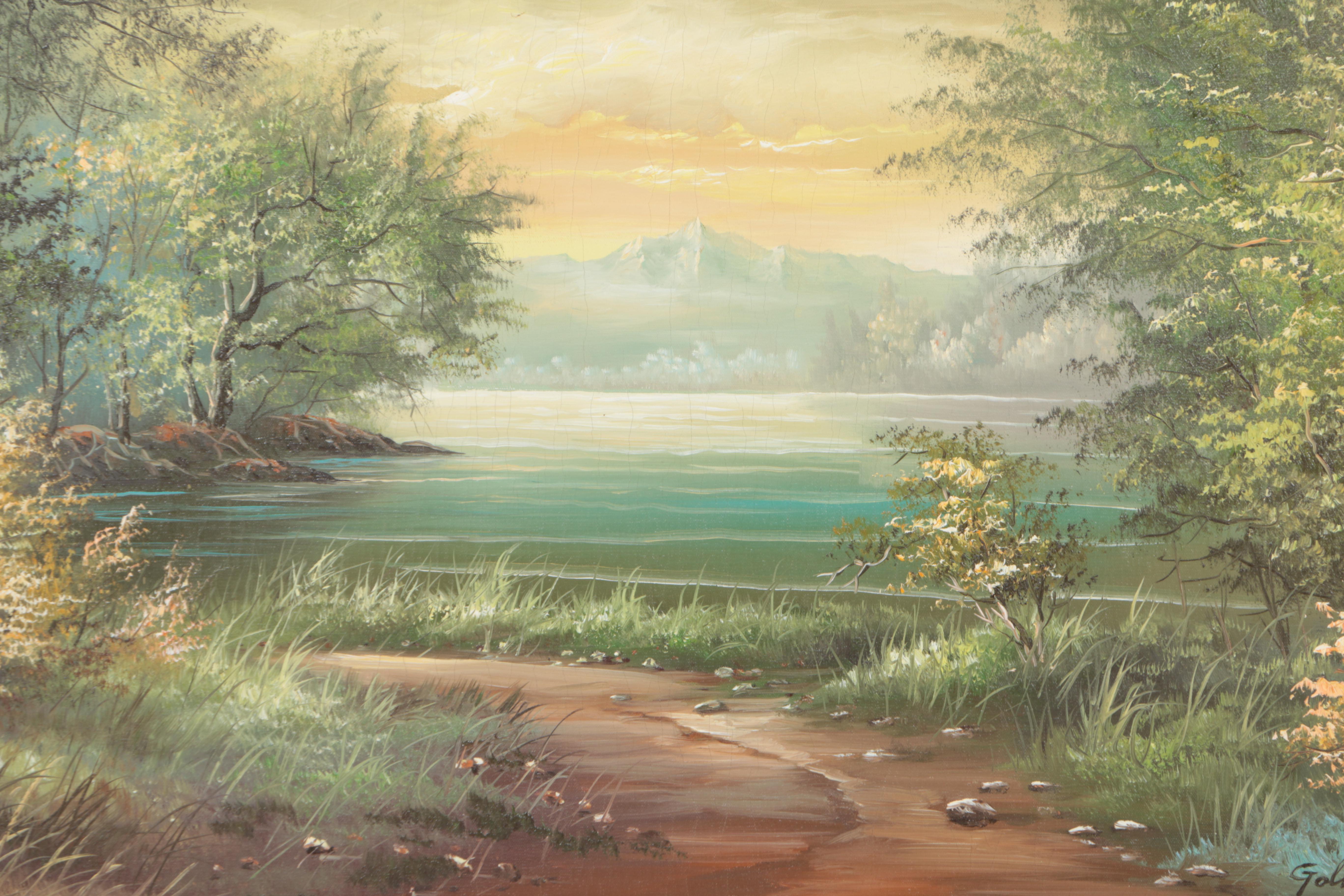 Goldon Landscape Oil Painting on Canvas of Tree-Lined Mountain Lake