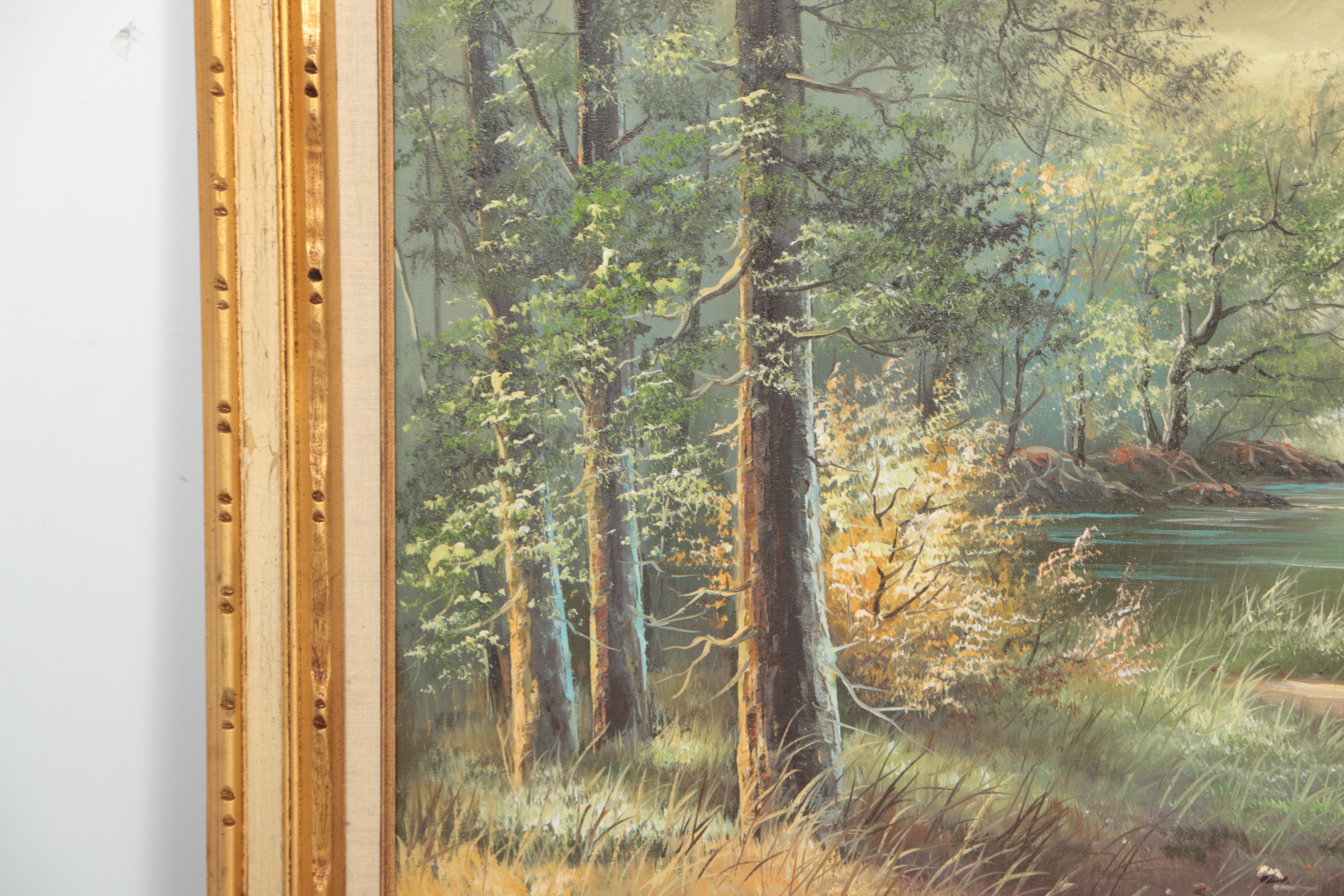 Goldon Landscape Oil Painting on Canvas of Tree-Lined Mountain Lake