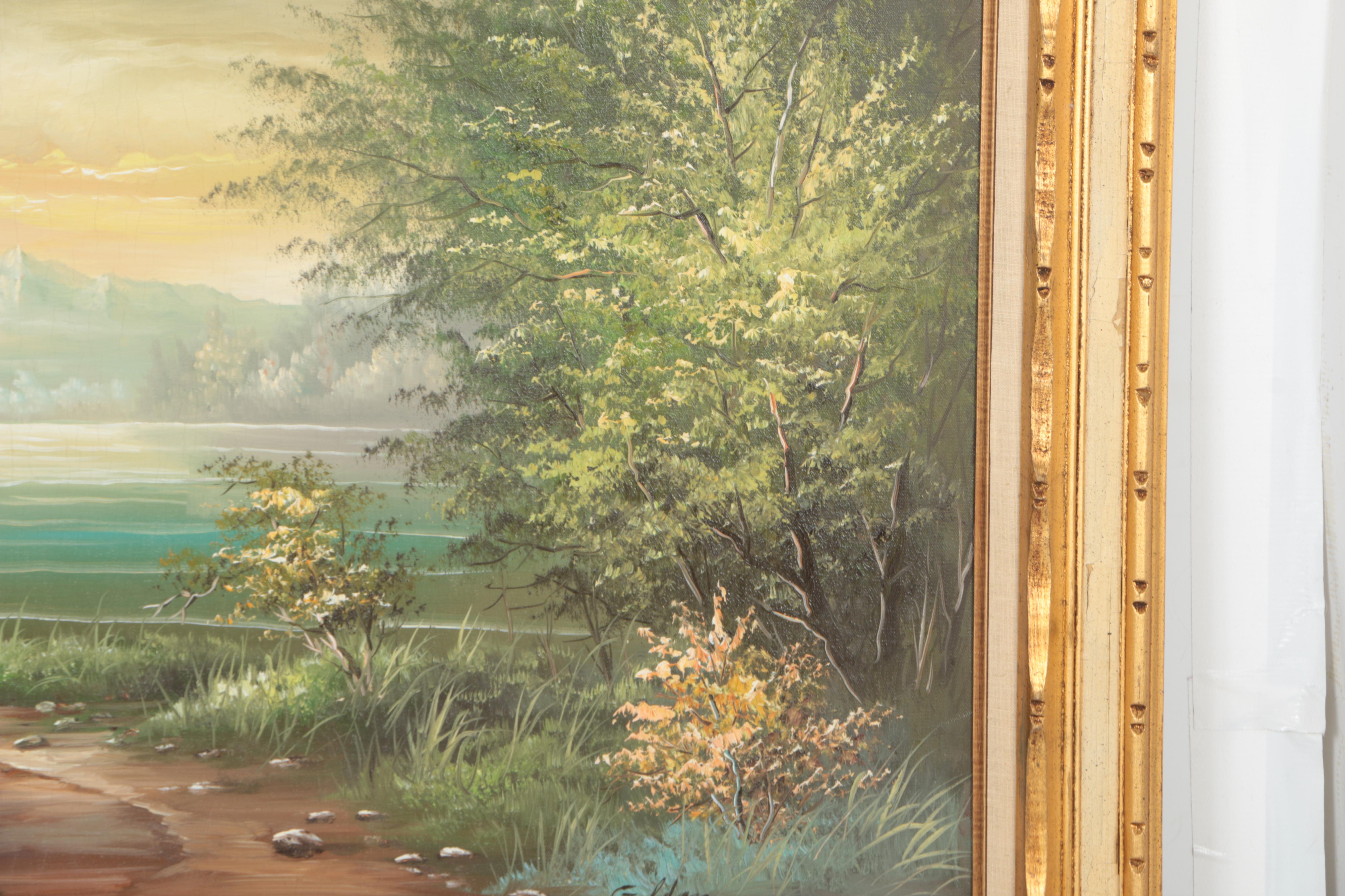 Goldon Landscape Oil Painting on Canvas of Tree-Lined Mountain Lake