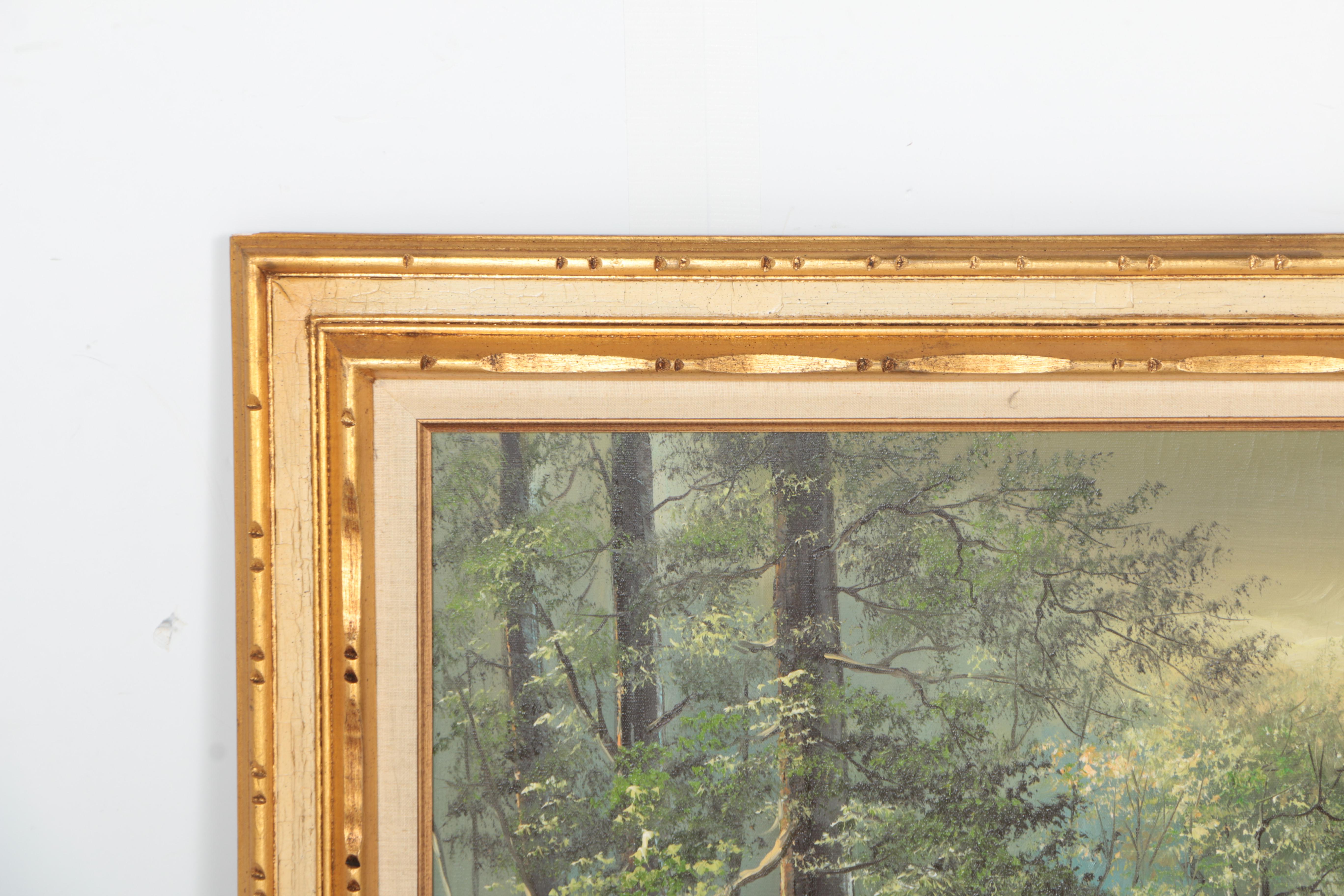 Goldon Landscape Oil Painting on Canvas of Tree-Lined Mountain Lake