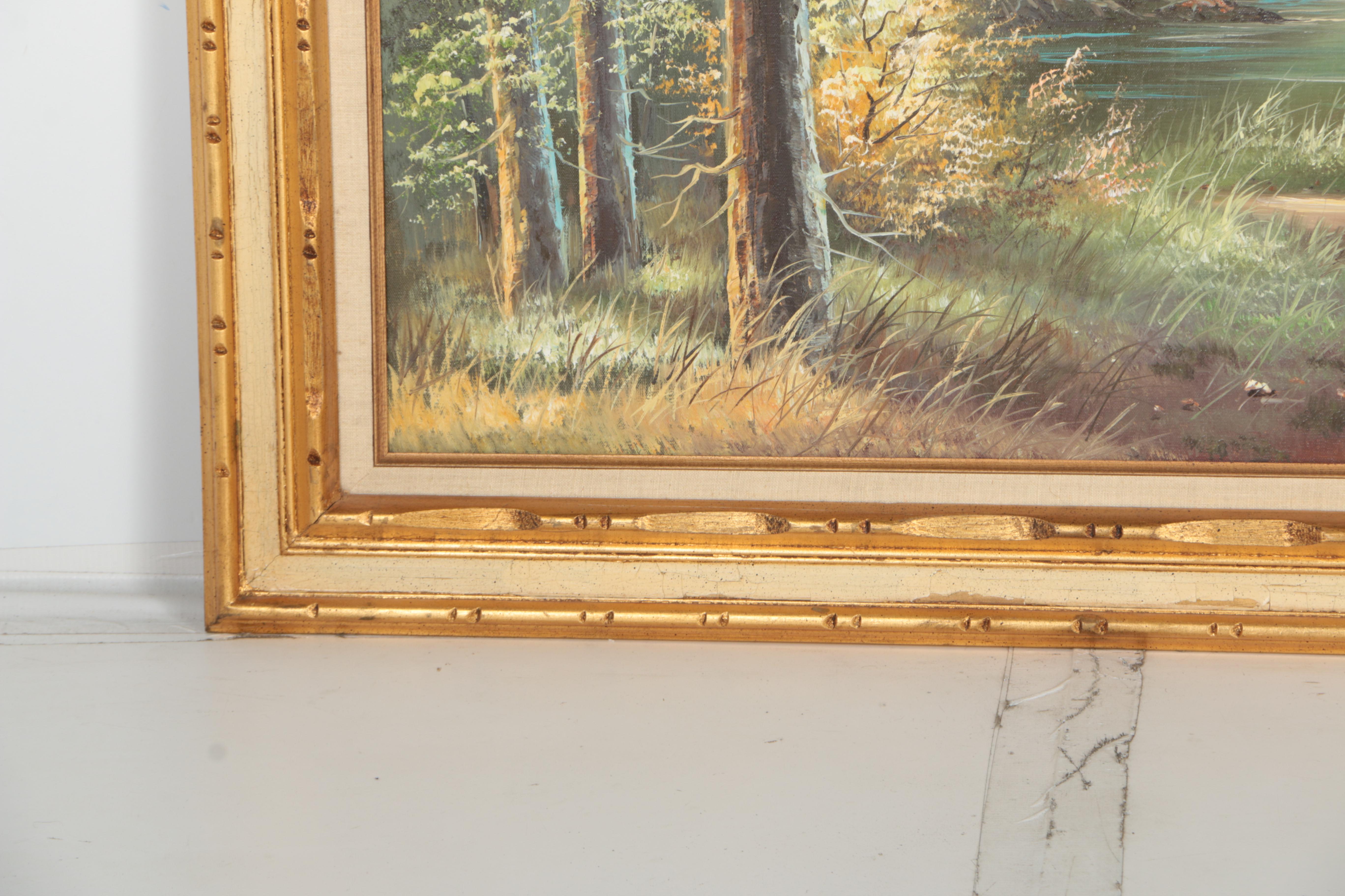 Goldon Landscape Oil Painting on Canvas of Tree-Lined Mountain Lake