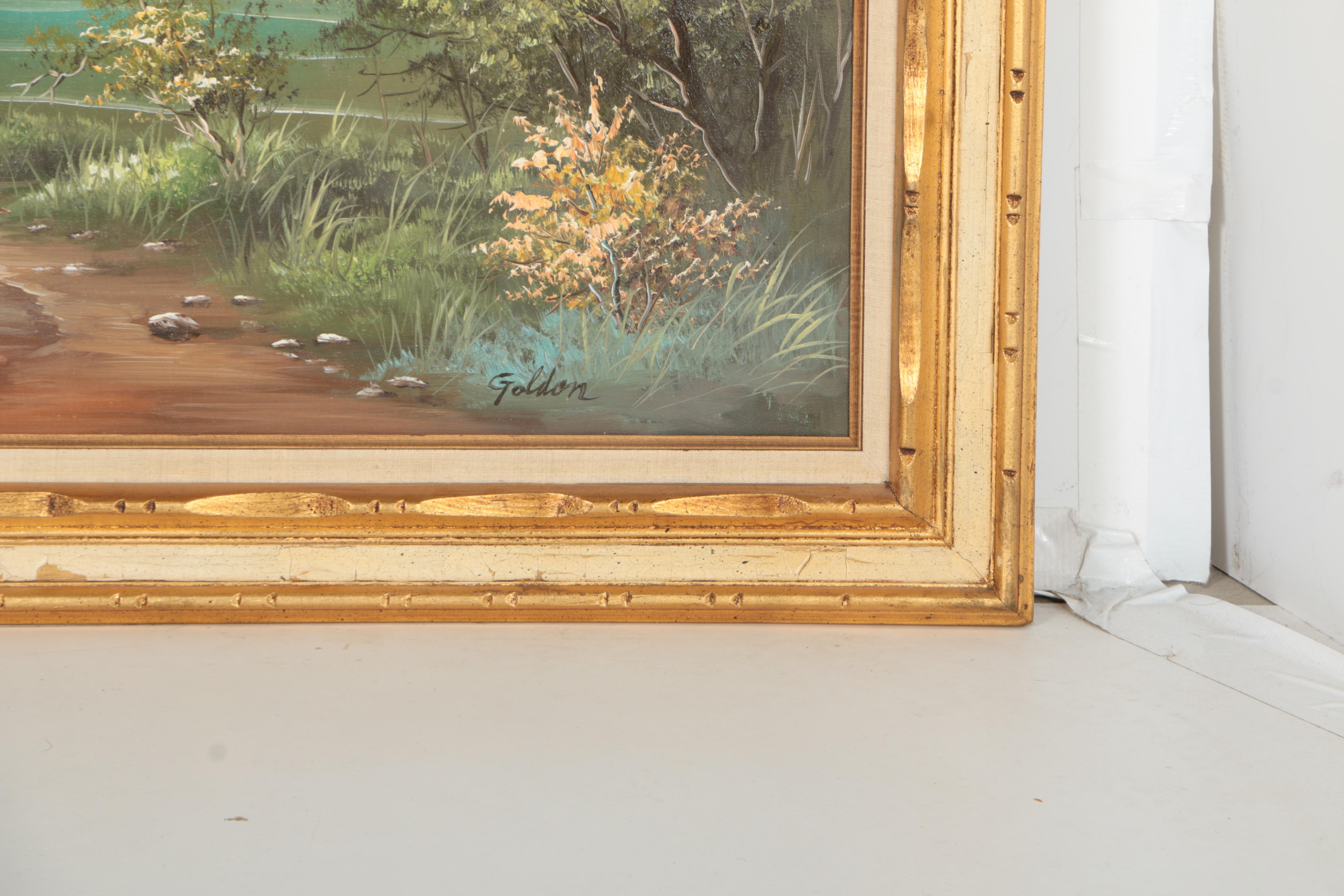 Goldon Landscape Oil Painting on Canvas of Tree-Lined Mountain Lake