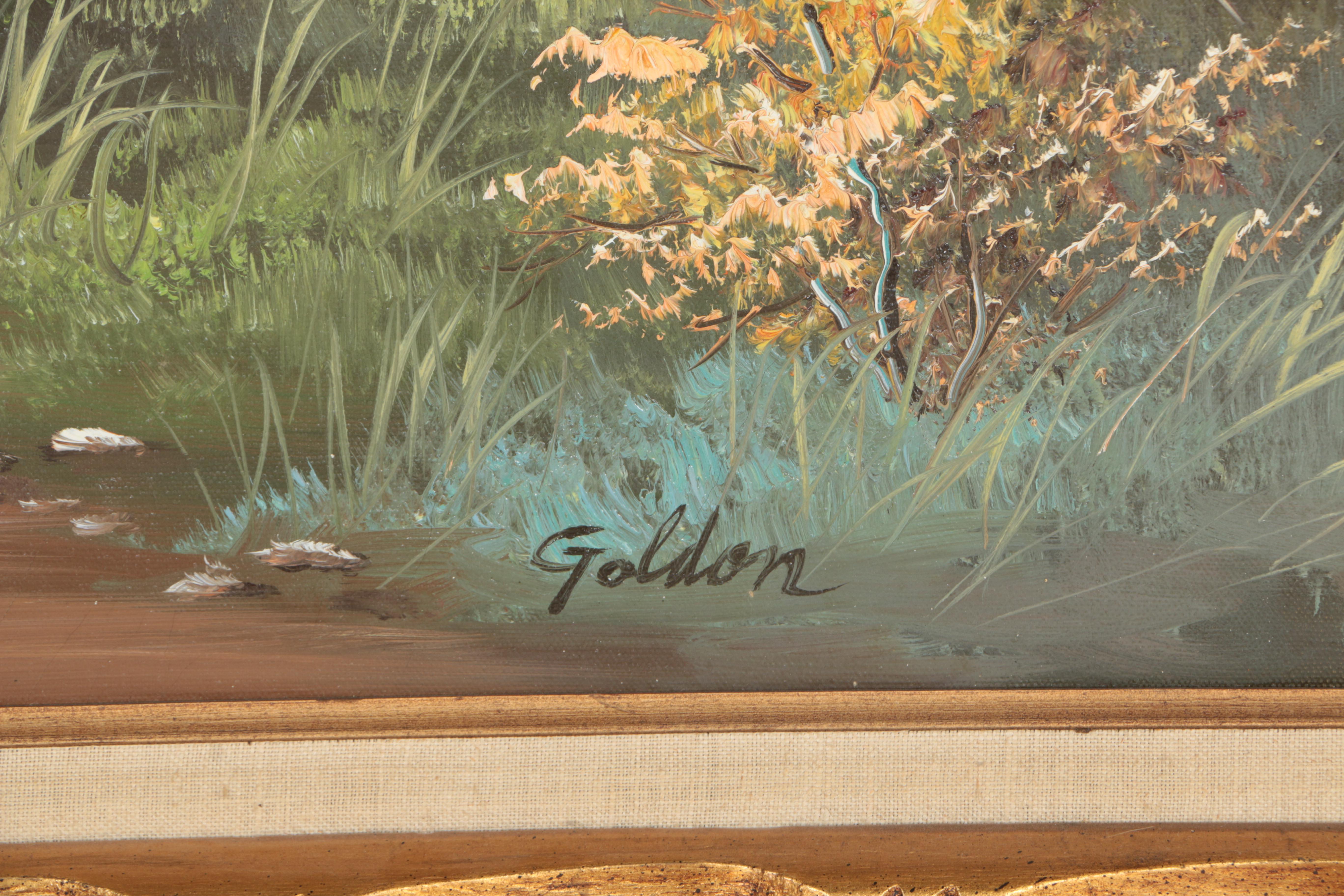 Goldon Landscape Oil Painting on Canvas of Tree-Lined Mountain Lake