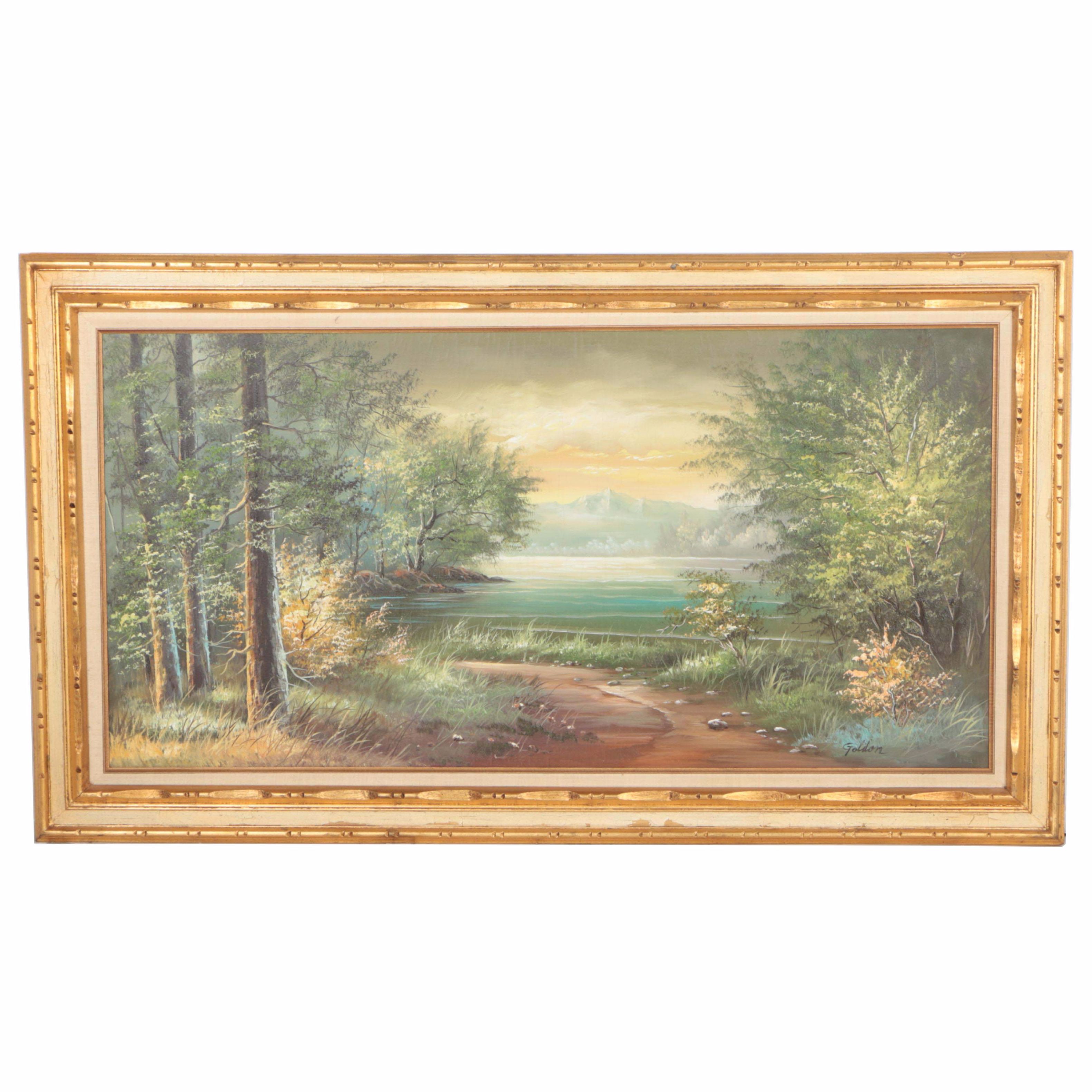 Goldon Landscape Oil Painting on Canvas of Tree-Lined Mountain Lake