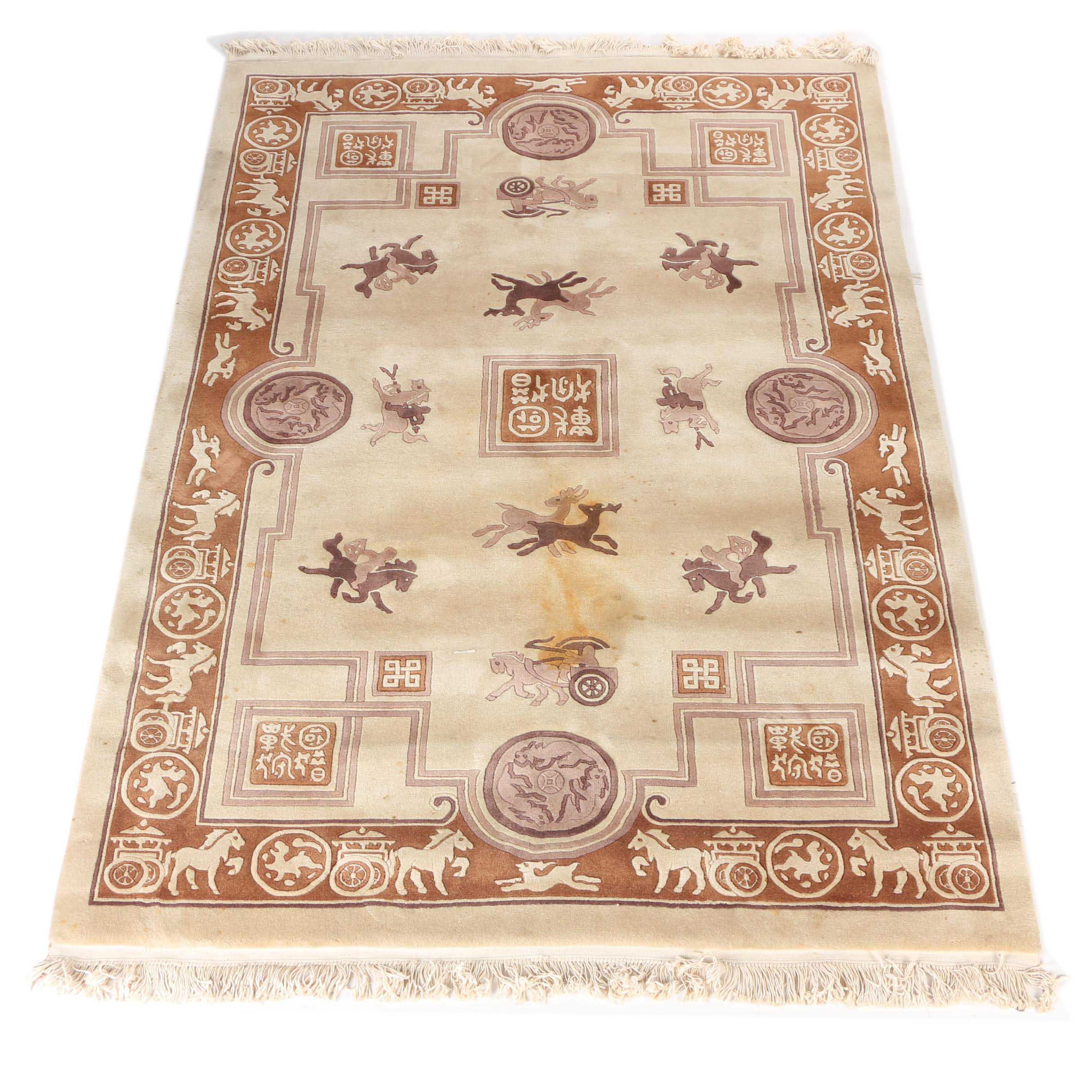 Hand-Knotted Carved Chinese Stylized Hunting Area Rug