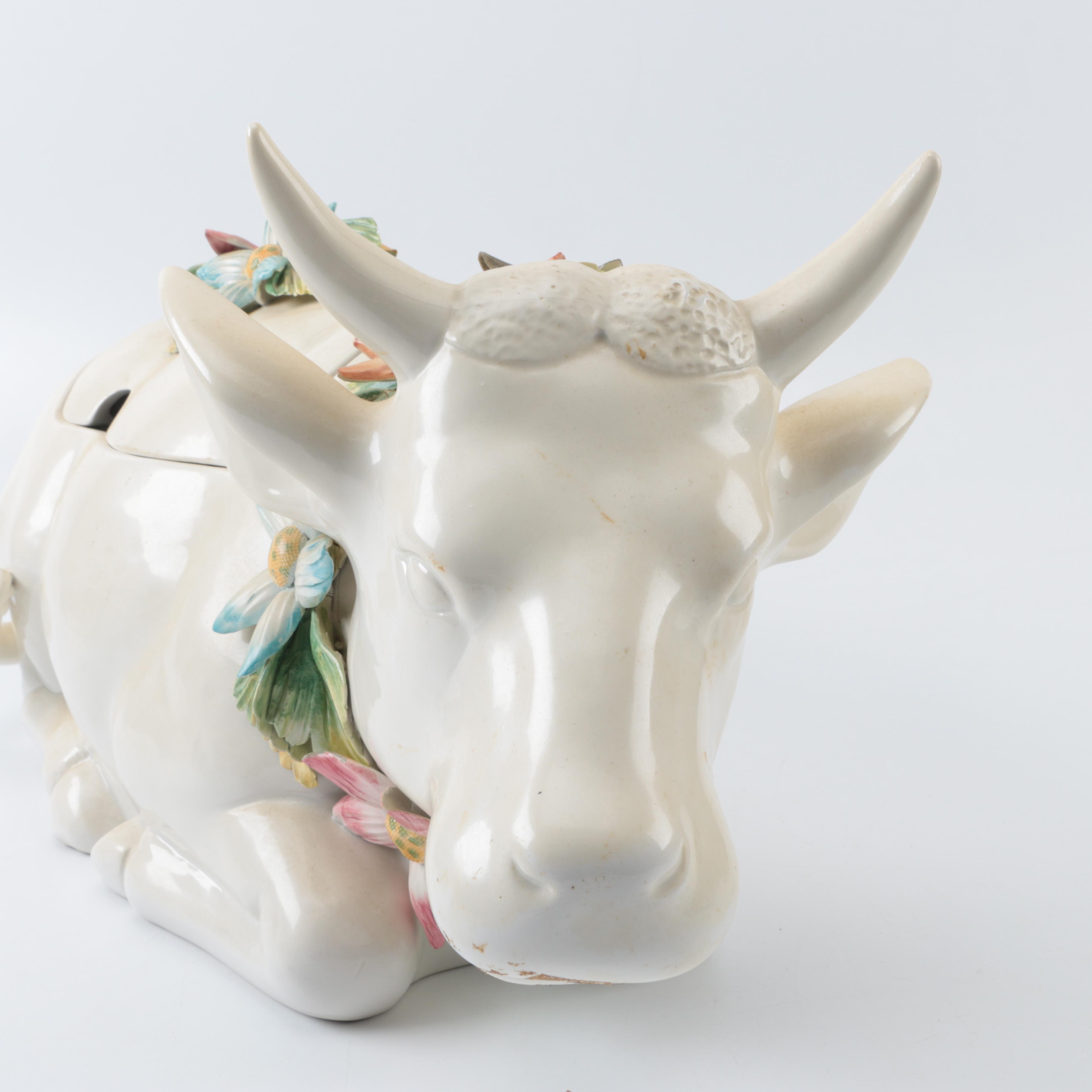Italian Ceramic Cow Tureen with Floral Wreath