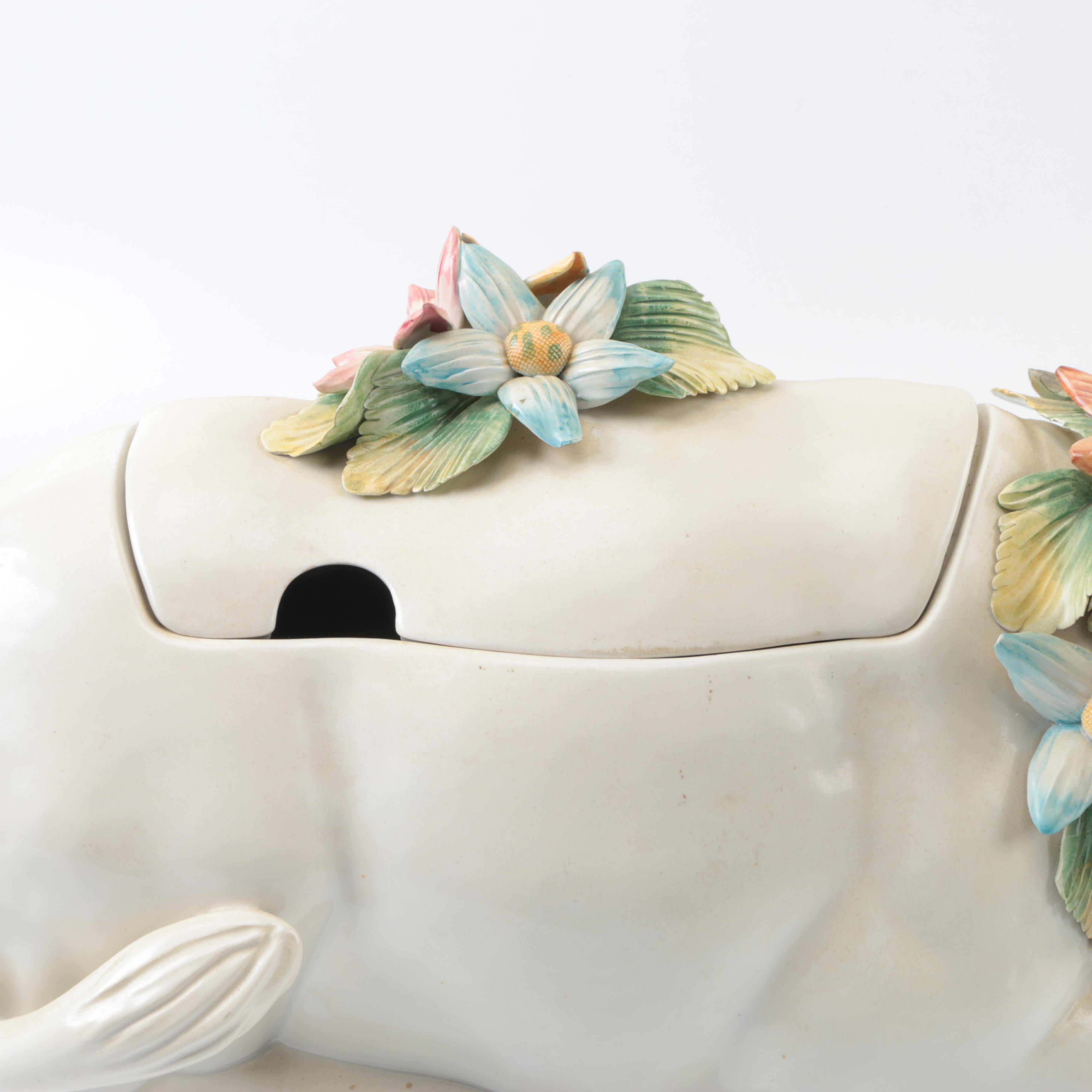 Italian Ceramic Cow Tureen with Floral Wreath