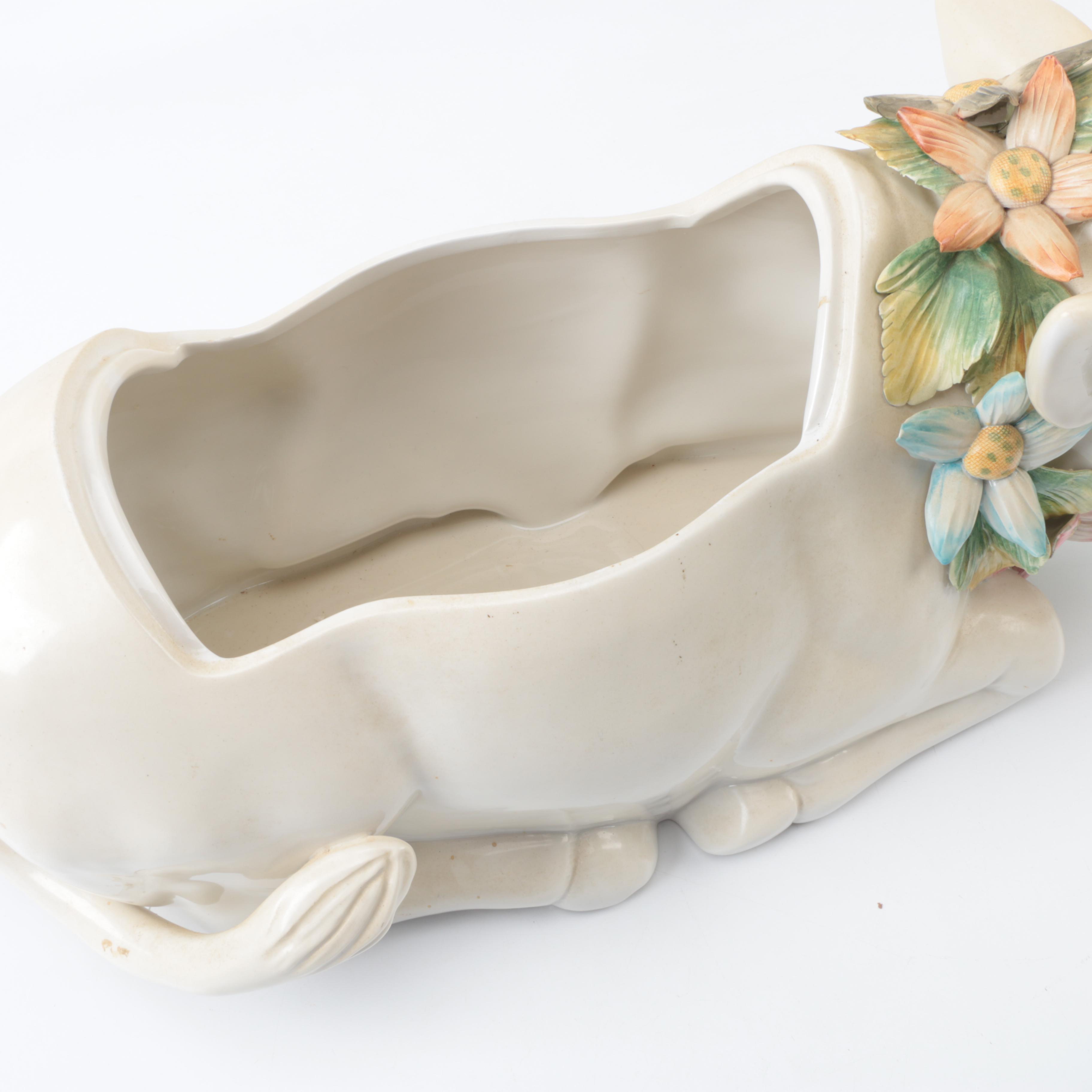 Italian Ceramic Cow Tureen with Floral Wreath