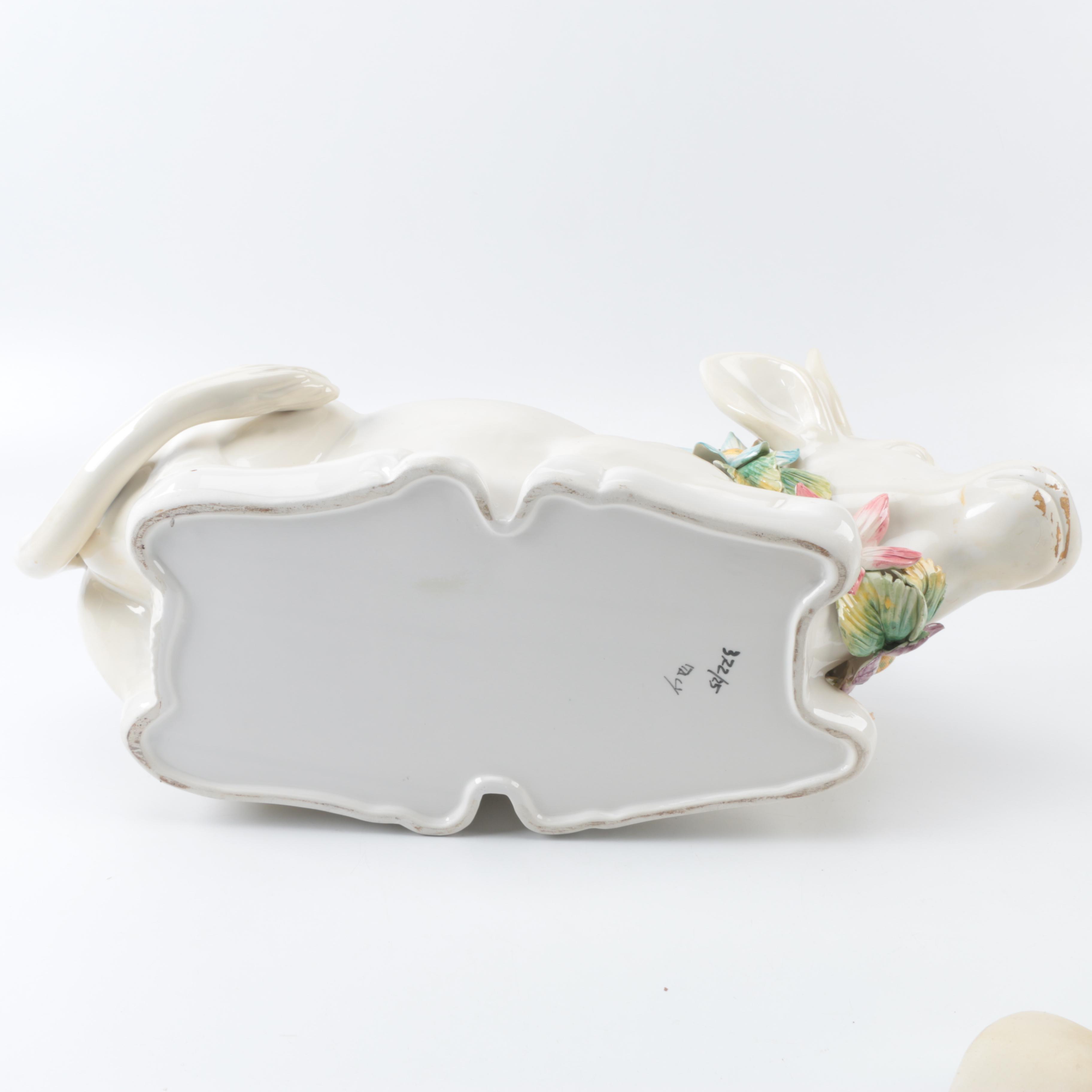 Italian Ceramic Cow Tureen with Floral Wreath