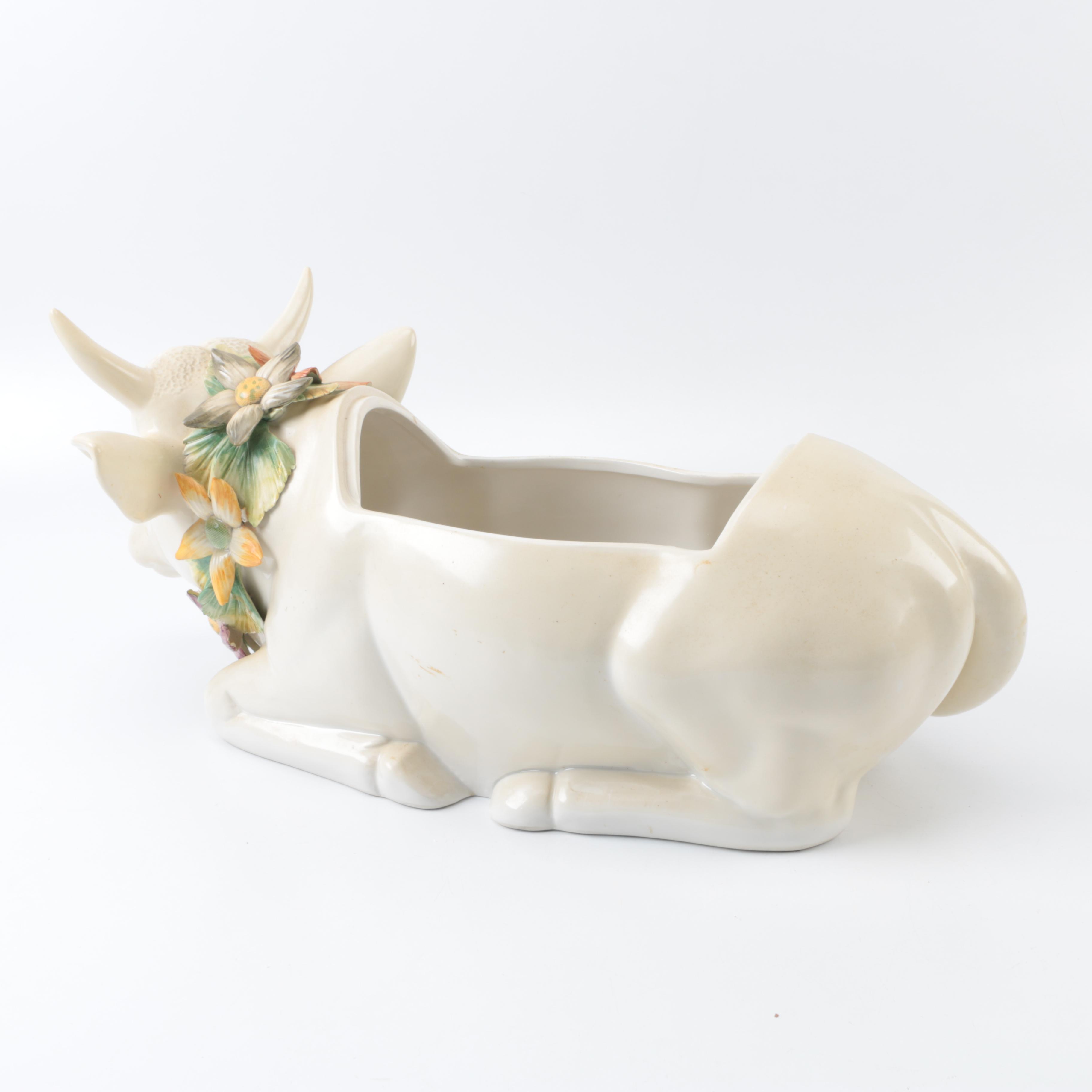 Italian Ceramic Cow Tureen with Floral Wreath