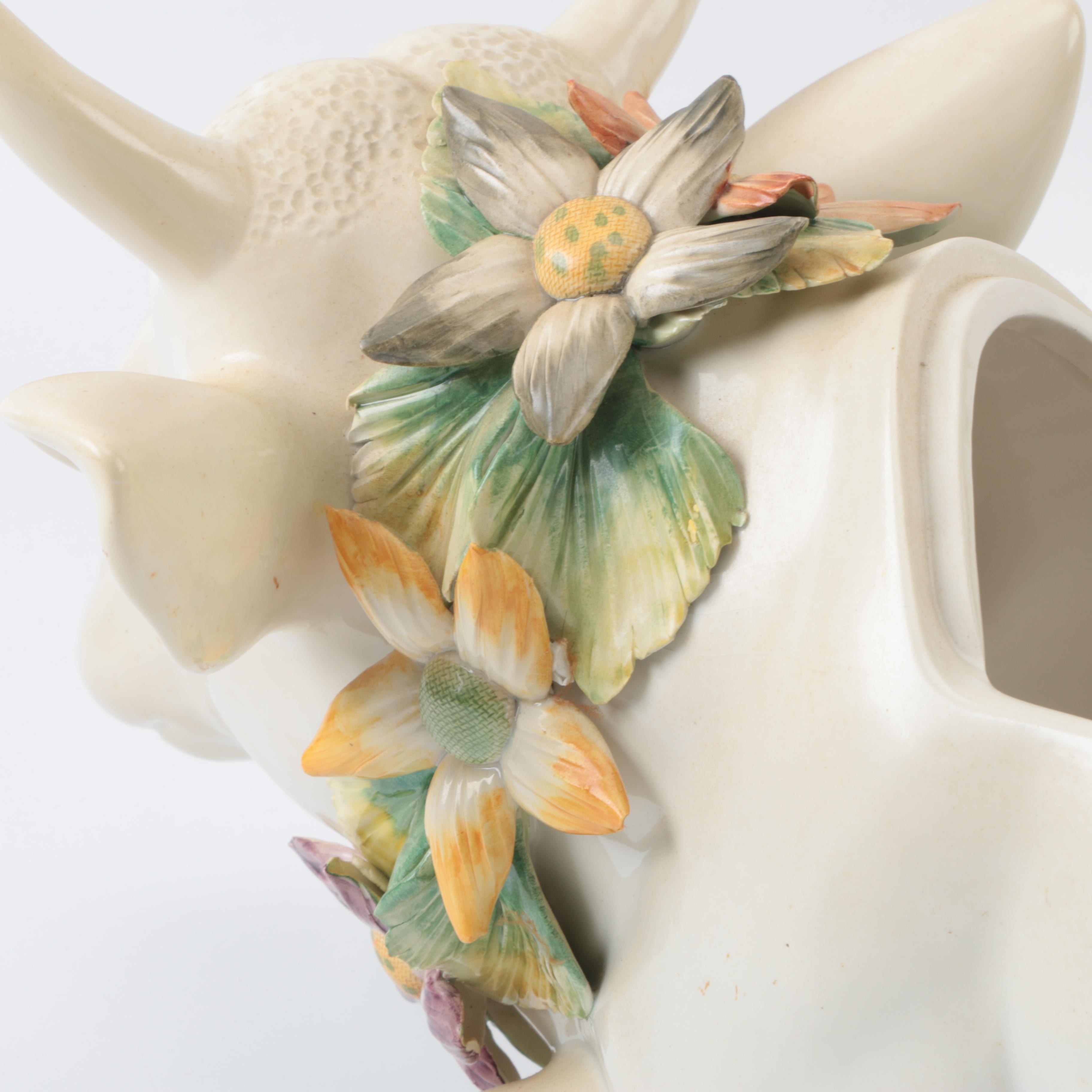 Italian Ceramic Cow Tureen with Floral Wreath