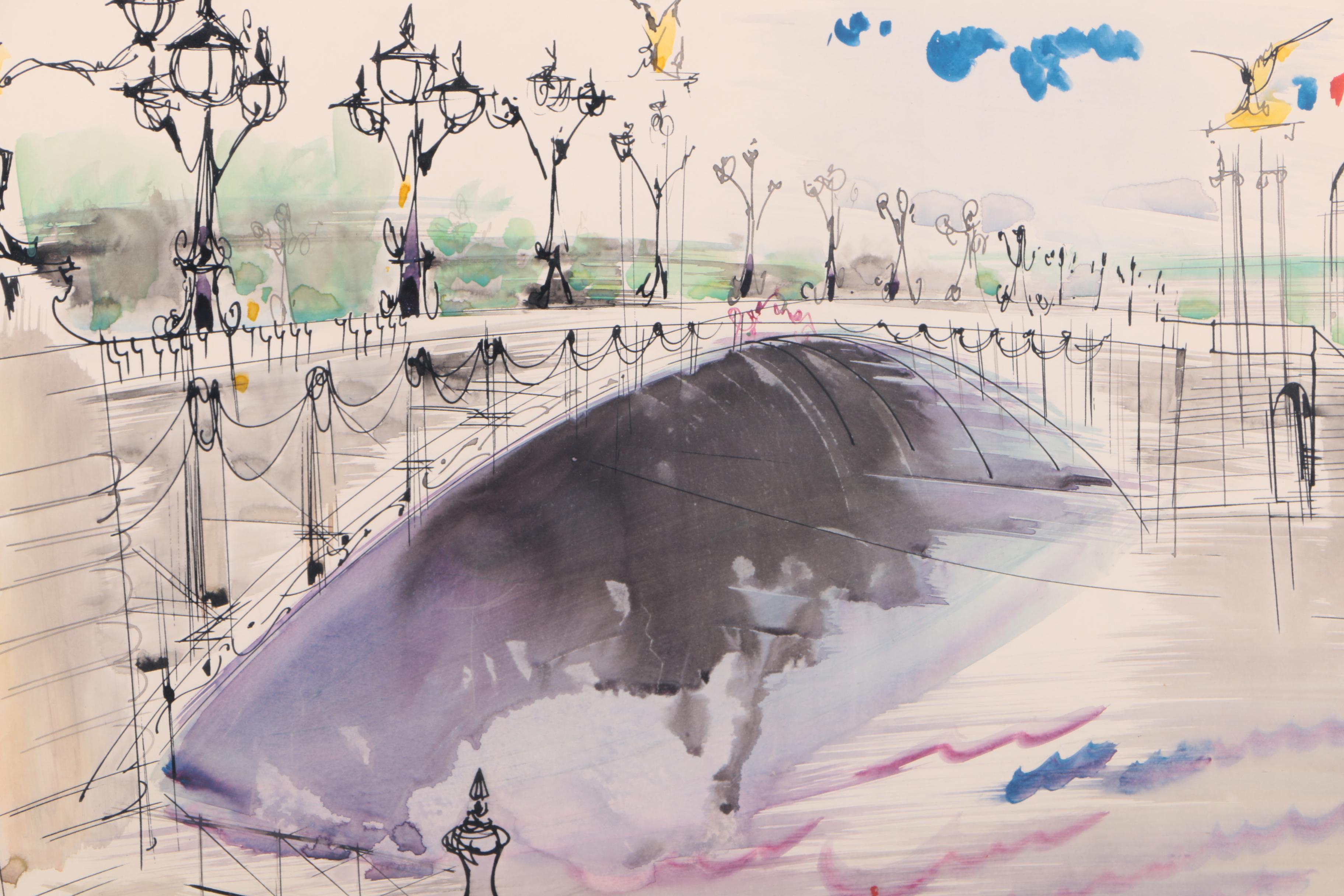 Ink and Watercolor on Paper "Paris - Le Pont Alexandre III"