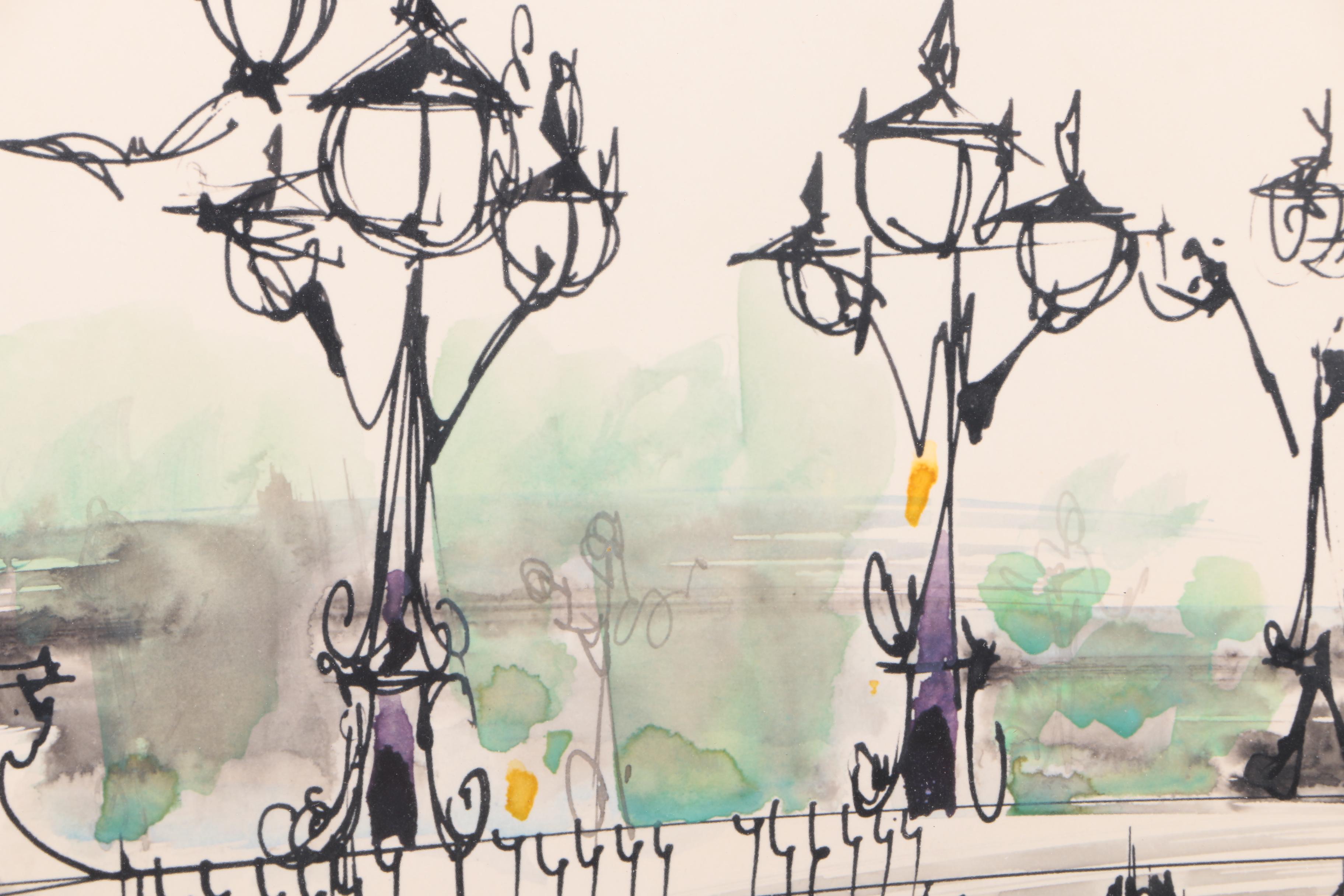 Ink and Watercolor on Paper "Paris - Le Pont Alexandre III"
