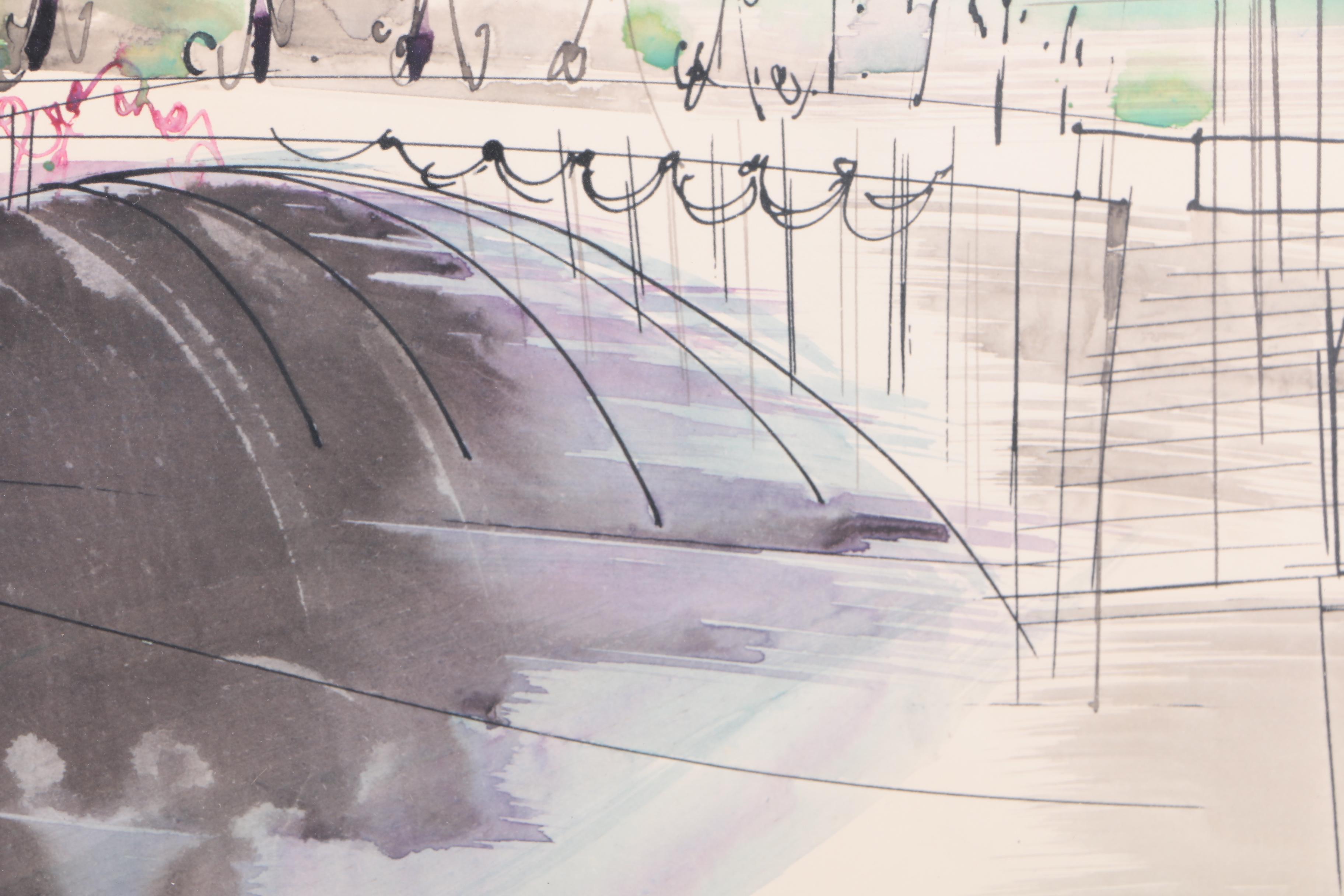 Ink and Watercolor on Paper "Paris - Le Pont Alexandre III"