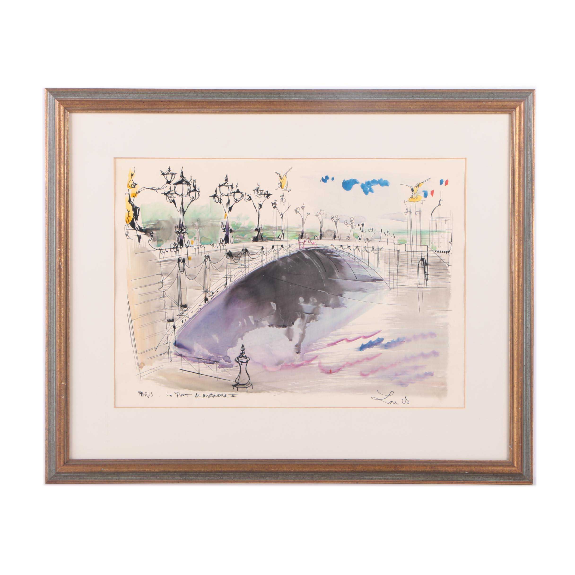 Ink and Watercolor on Paper "Paris - Le Pont Alexandre III"
