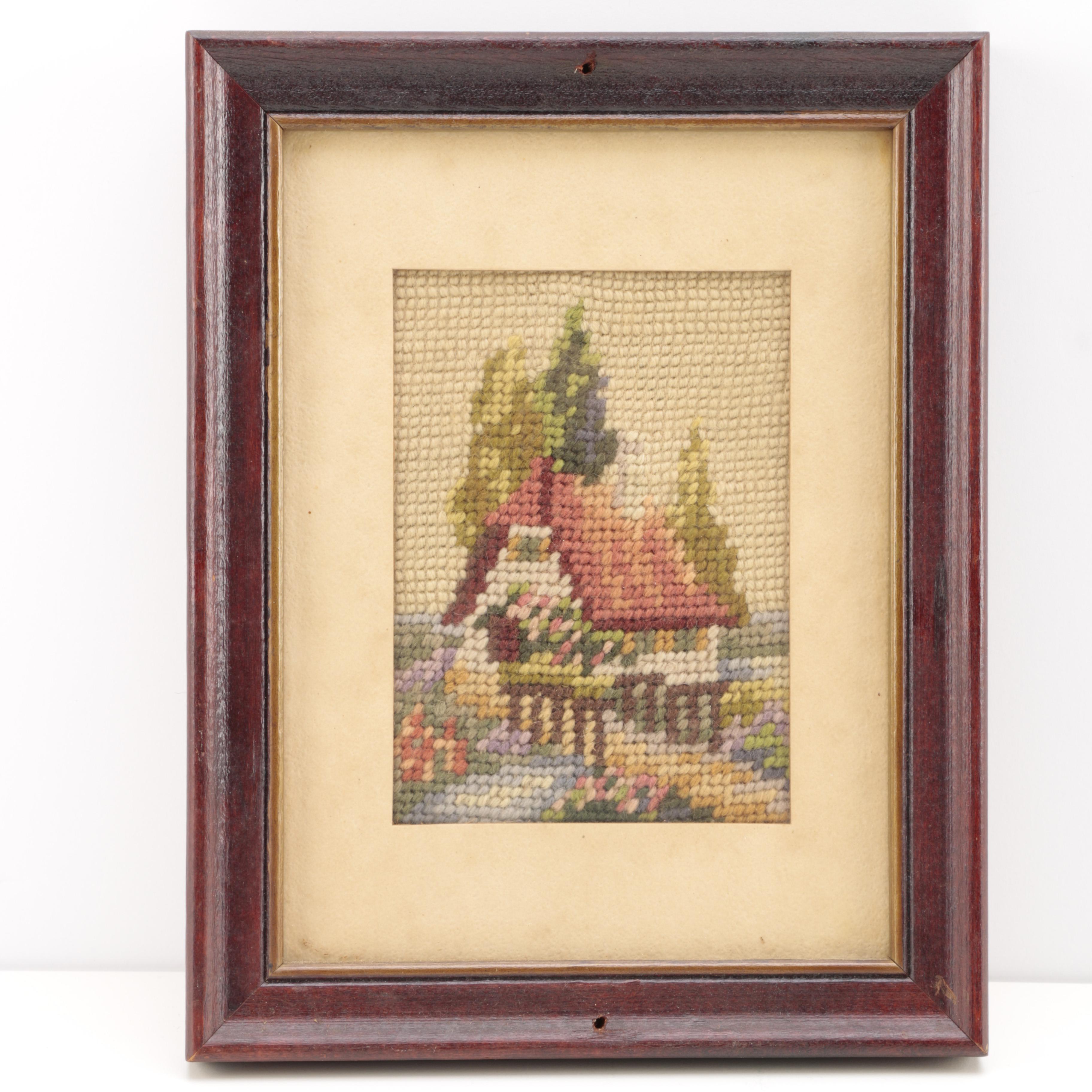 Vintage Needlepoint Embroidery of a Cottage