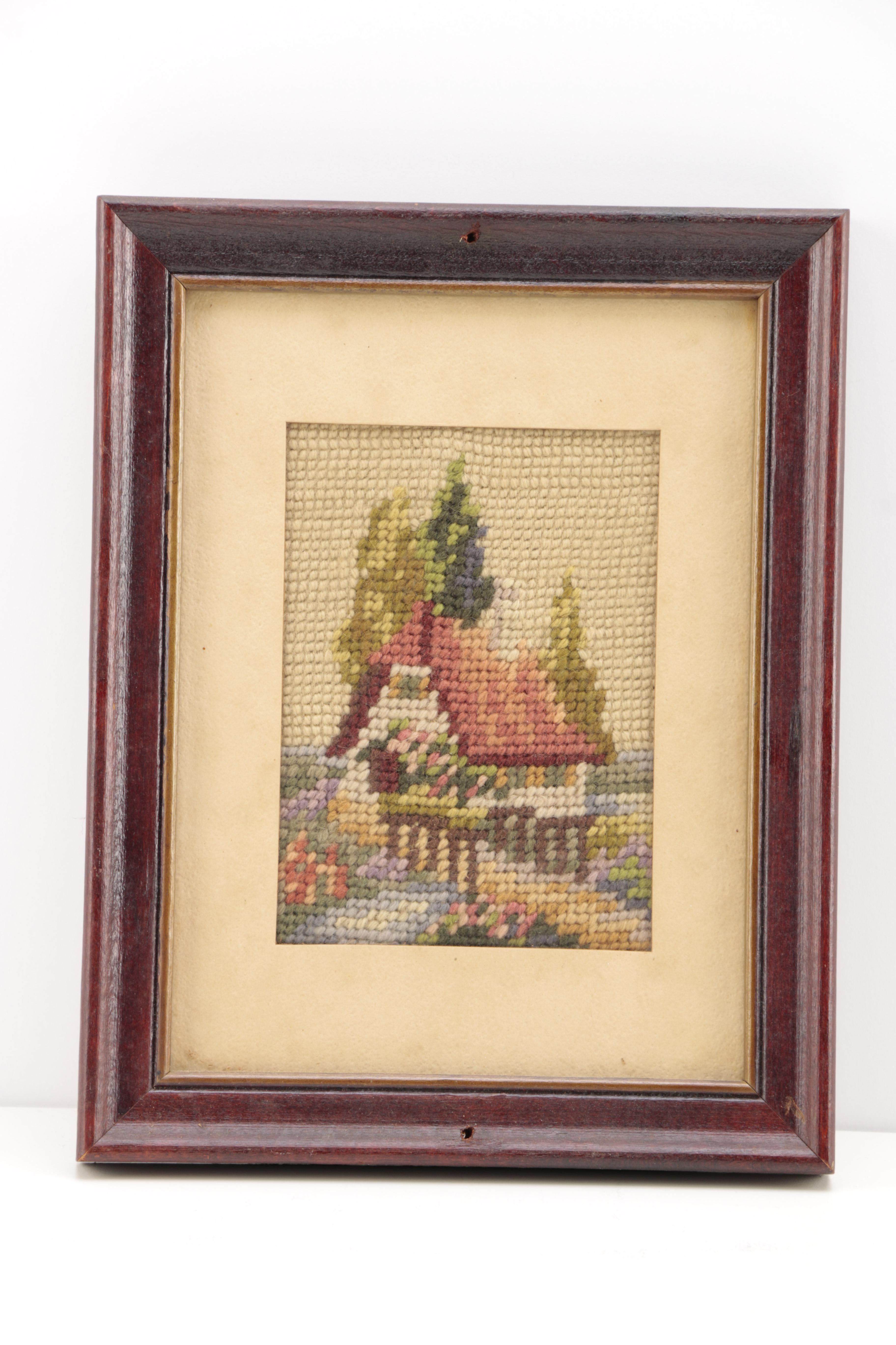 Vintage Needlepoint Embroidery of a Cottage