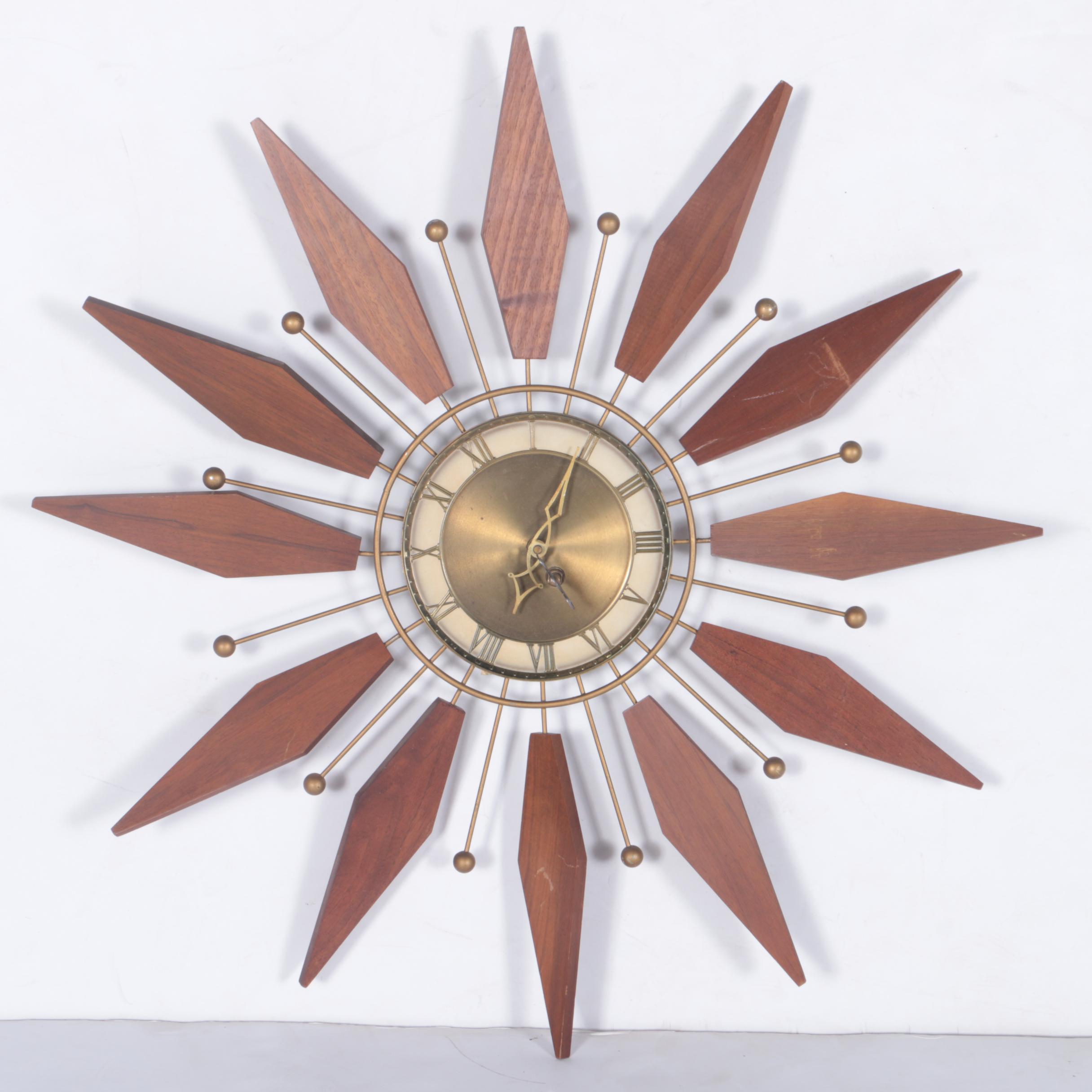 Mid Century Modern Wood and Brass Wall Clock with Scounces