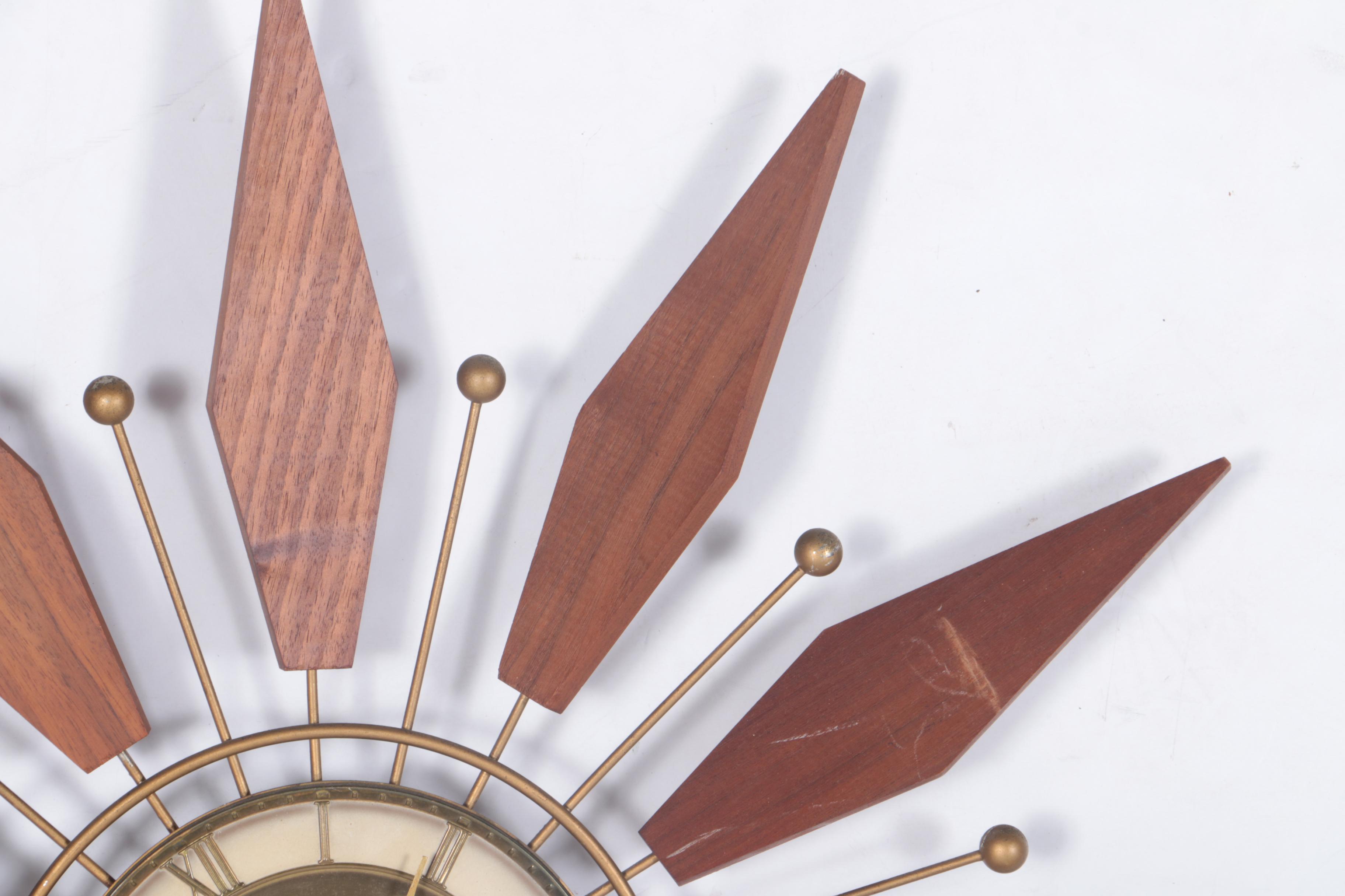 Mid Century Modern Wood and Brass Wall Clock with Scounces