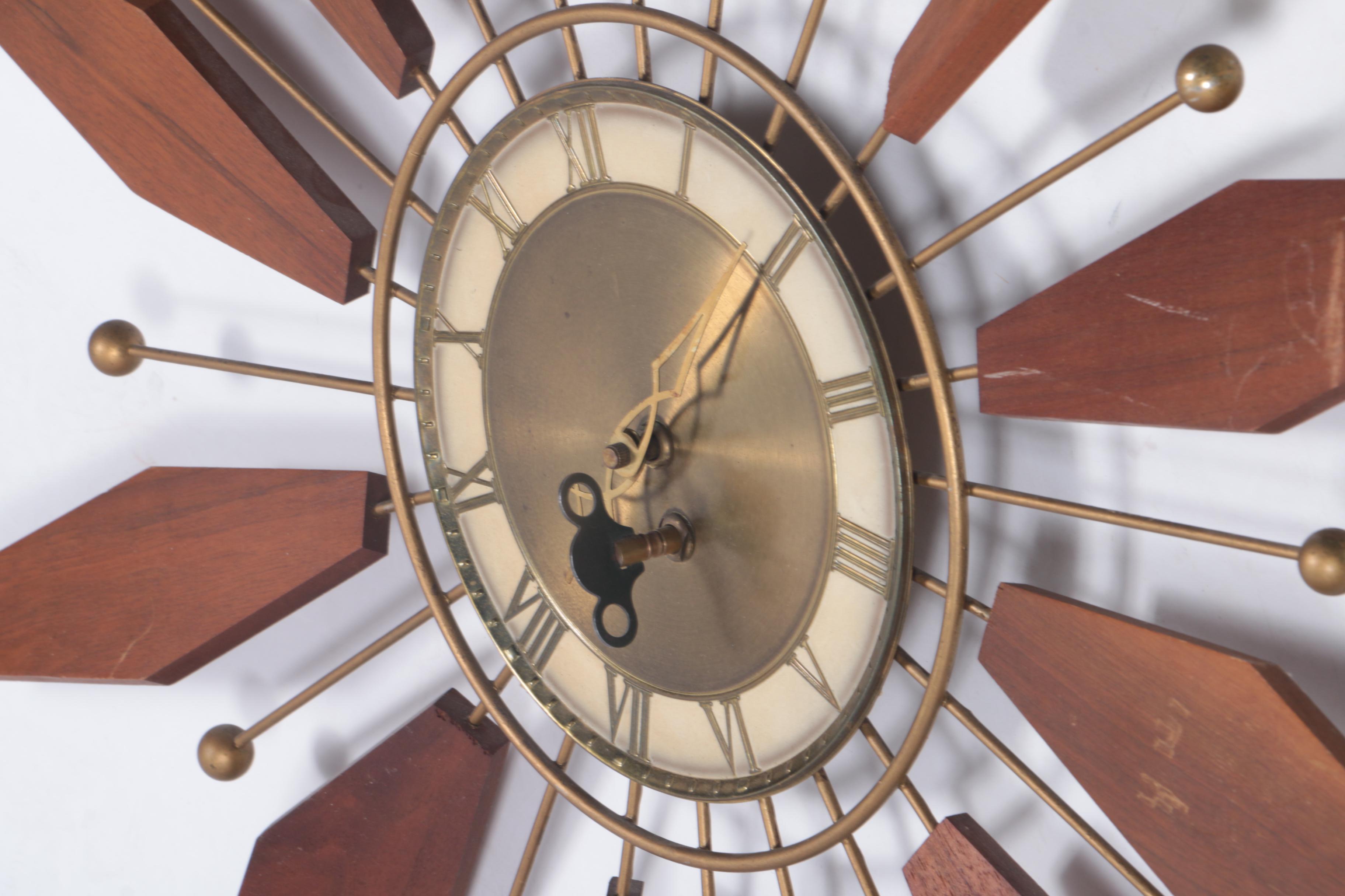 Mid Century Modern Wood and Brass Wall Clock with Scounces