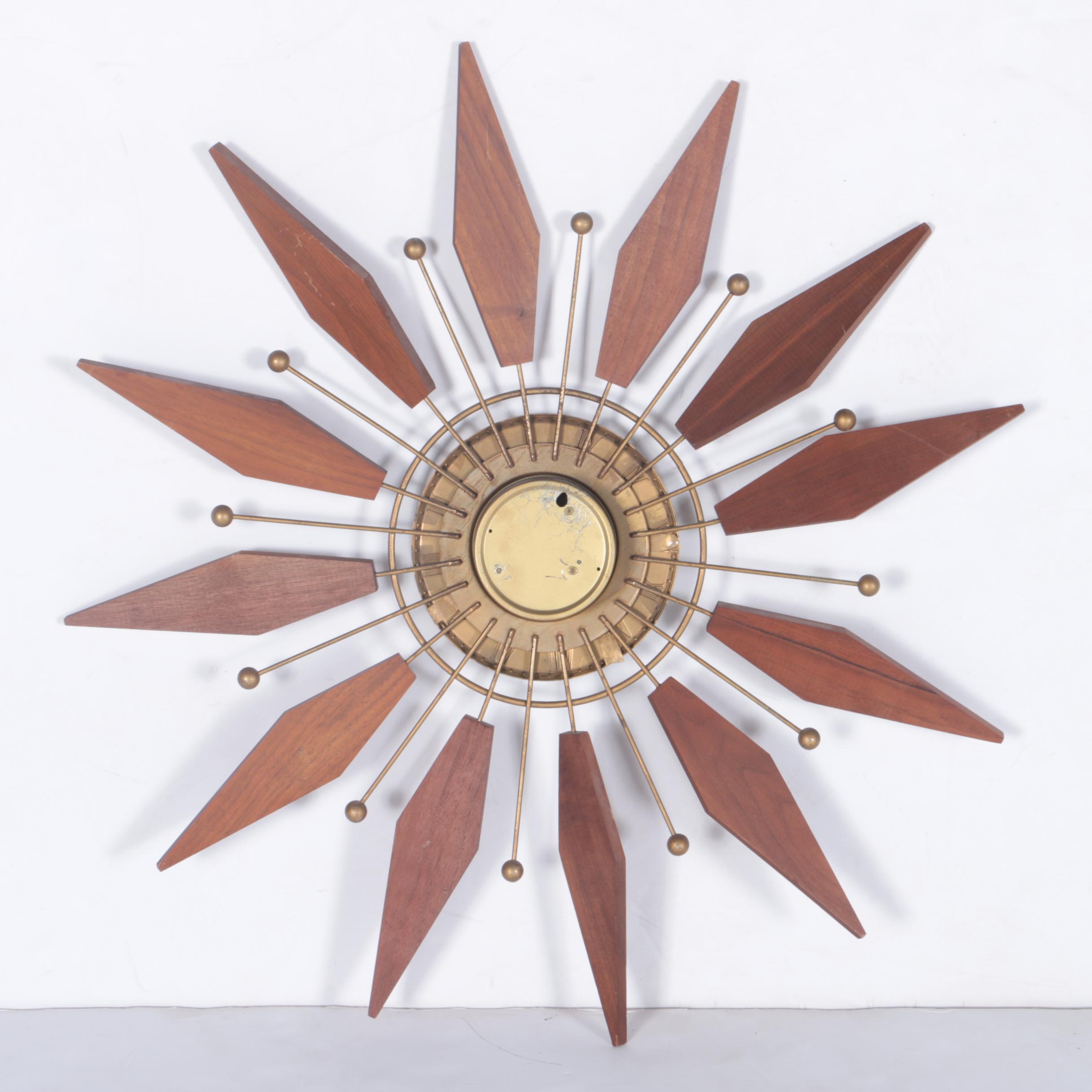 Mid Century Modern Wood and Brass Wall Clock with Scounces