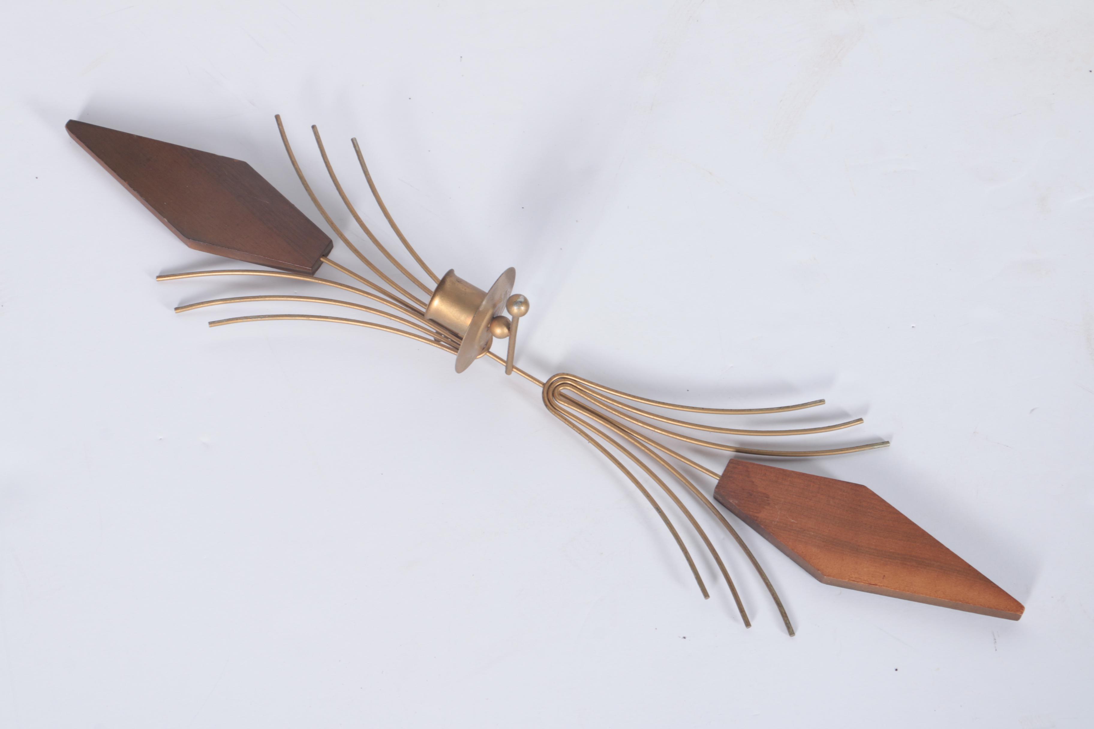 Mid Century Modern Wood and Brass Wall Clock with Scounces