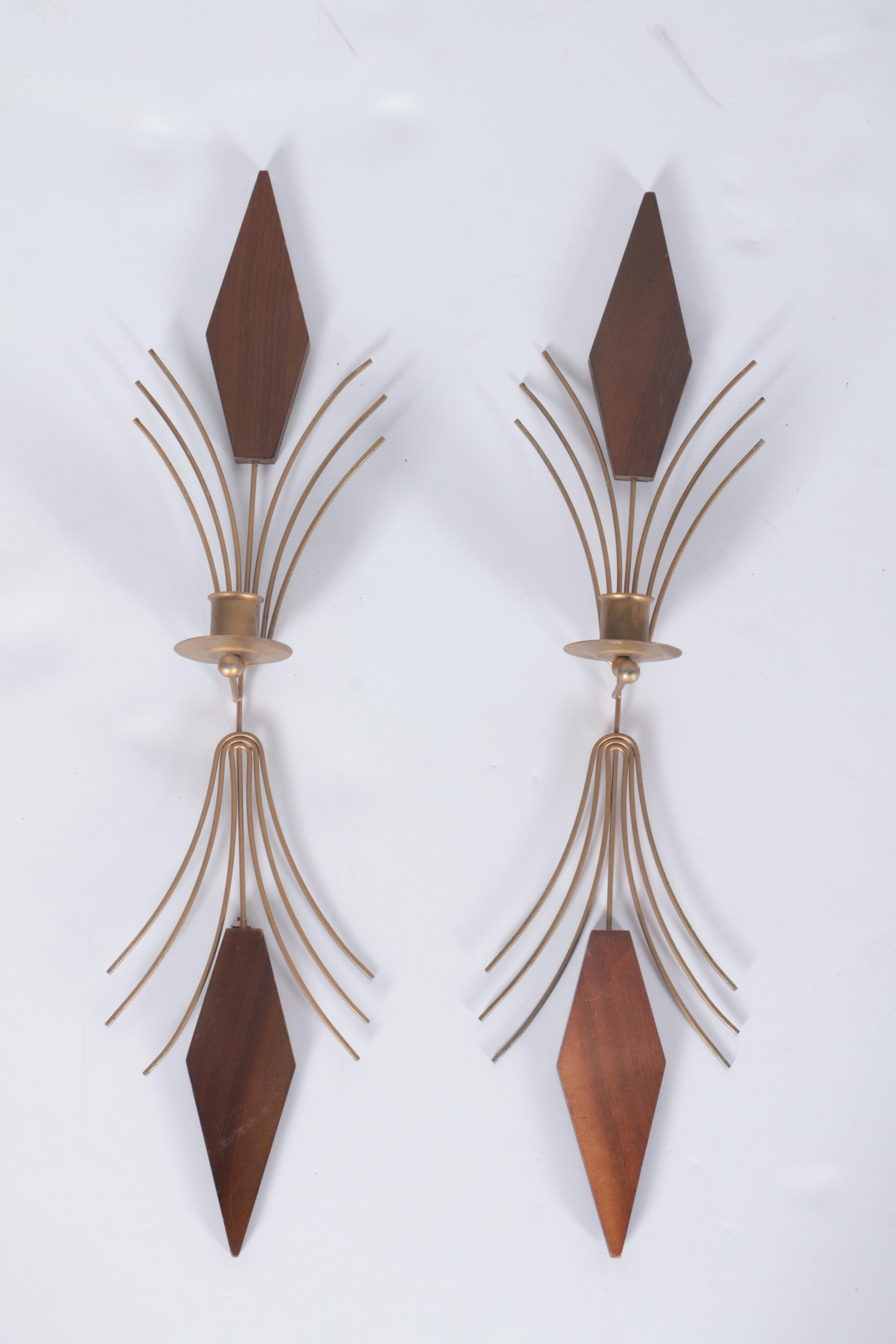 Mid Century Modern Wood and Brass Wall Clock with Scounces