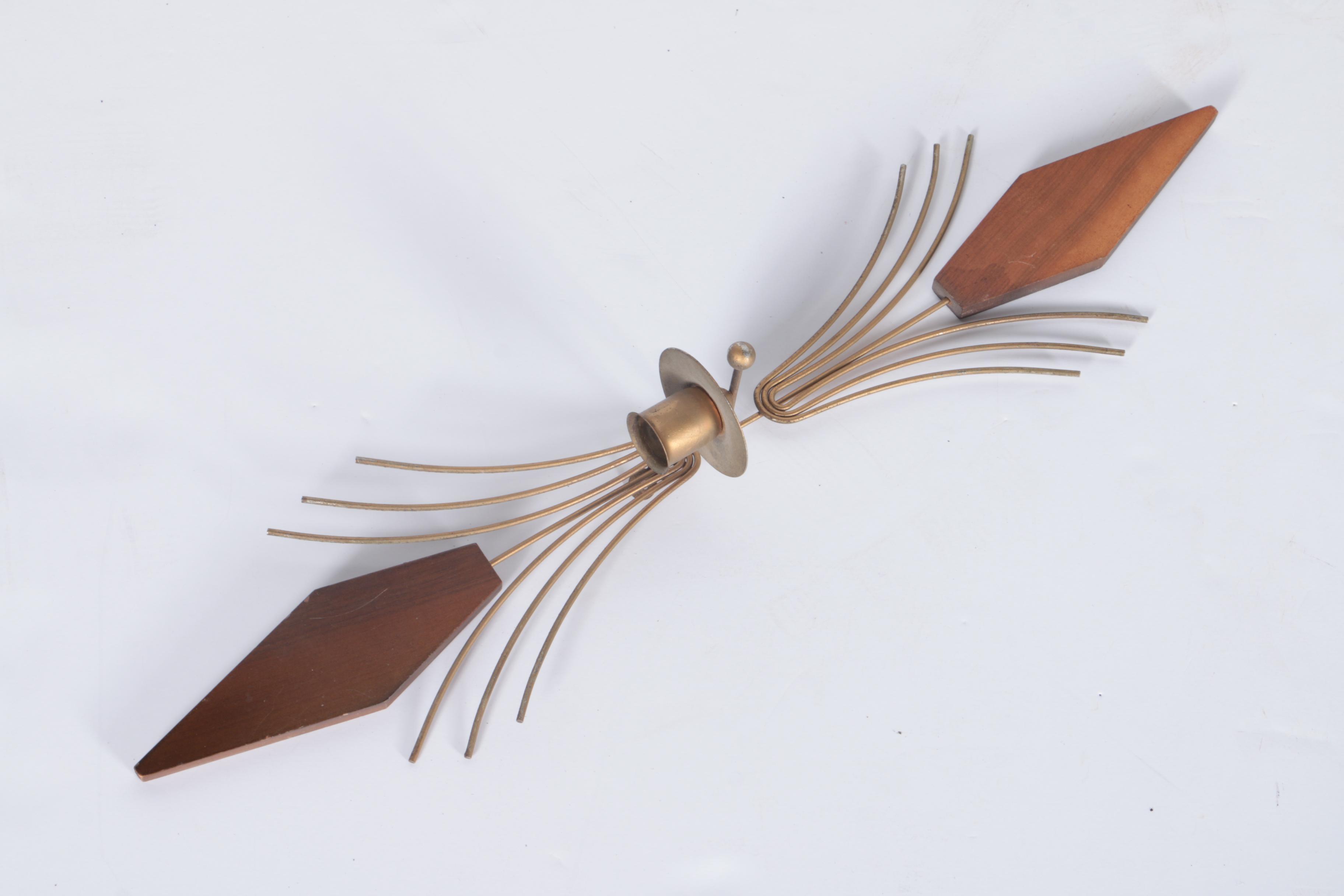 Mid Century Modern Wood and Brass Wall Clock with Scounces