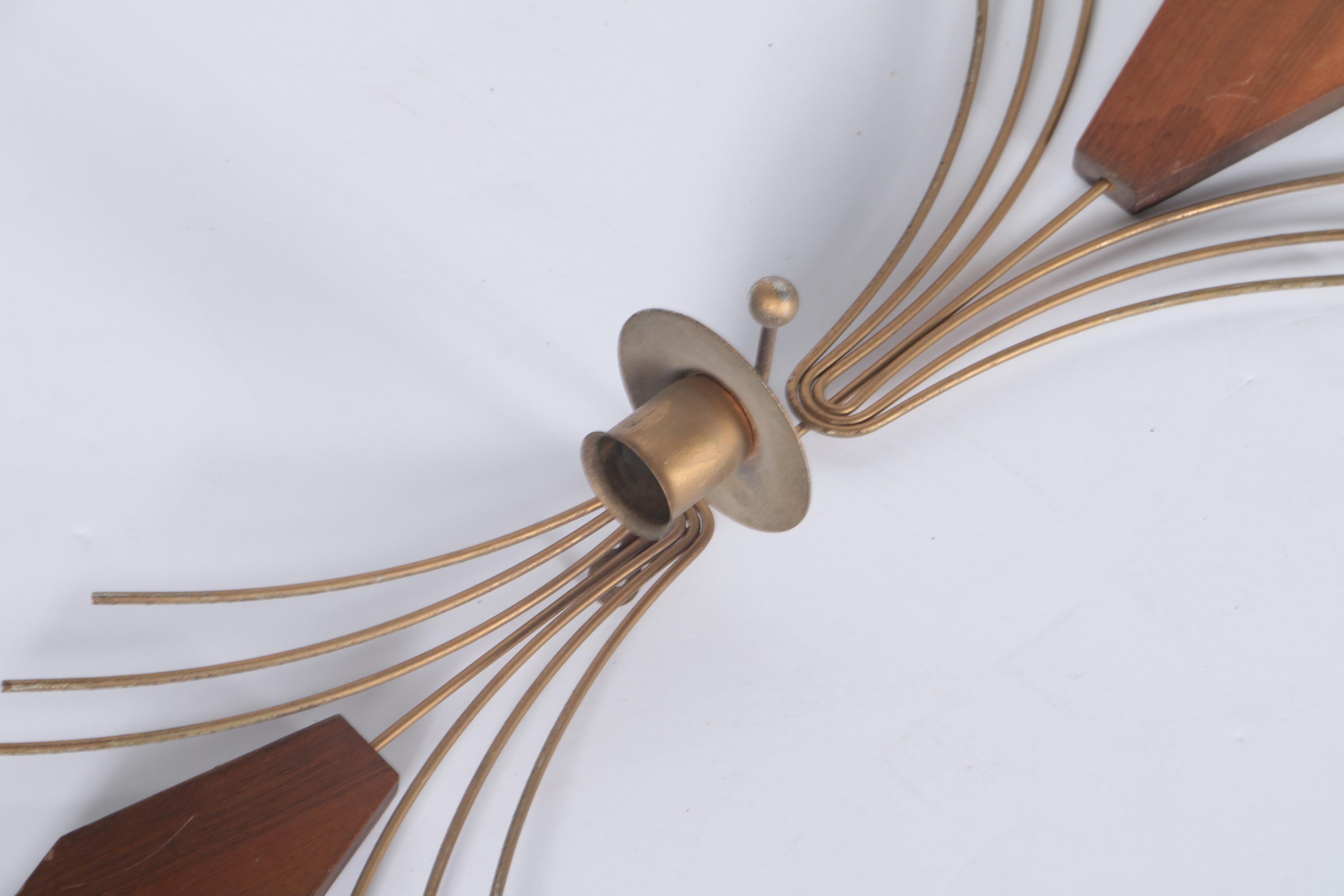 Mid Century Modern Wood and Brass Wall Clock with Scounces
