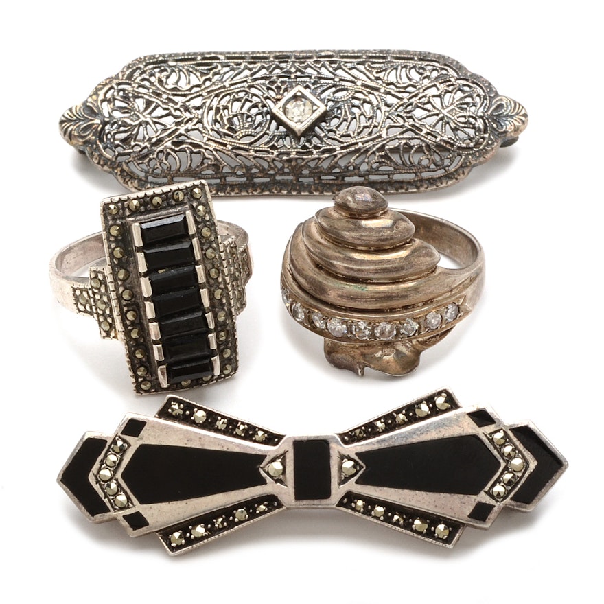 Edwardian and Art Deco Sterling Jewelry with Onyx and Marcasite