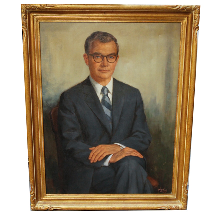 Armin Stock 1971 Oil Portrait on Canvas of Man in Navy Suit