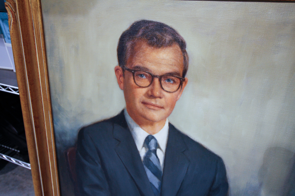Armin Stock 1971 Oil Portrait on Canvas of Man in Navy Suit